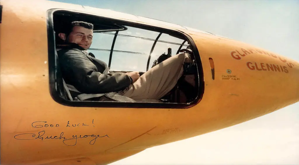 Captain Chuck Yeager sitting in Bell X-1 cockpit