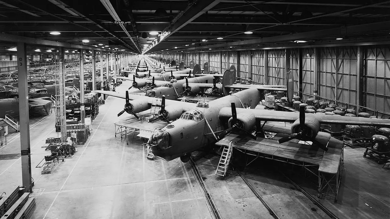 Consolidated B-24J "Liberators" under construction at the Consolidated-Vultee plant in San Diego, CA. during the summer of 1944