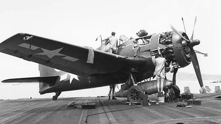 McCampbell's F6F-5 Hellcat fighter on board the aircraft carrier USS Essex 30 July 1944