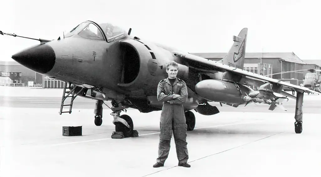 Sub-Lieutenant Ian “Soapy” Watson with his Sea Harrier