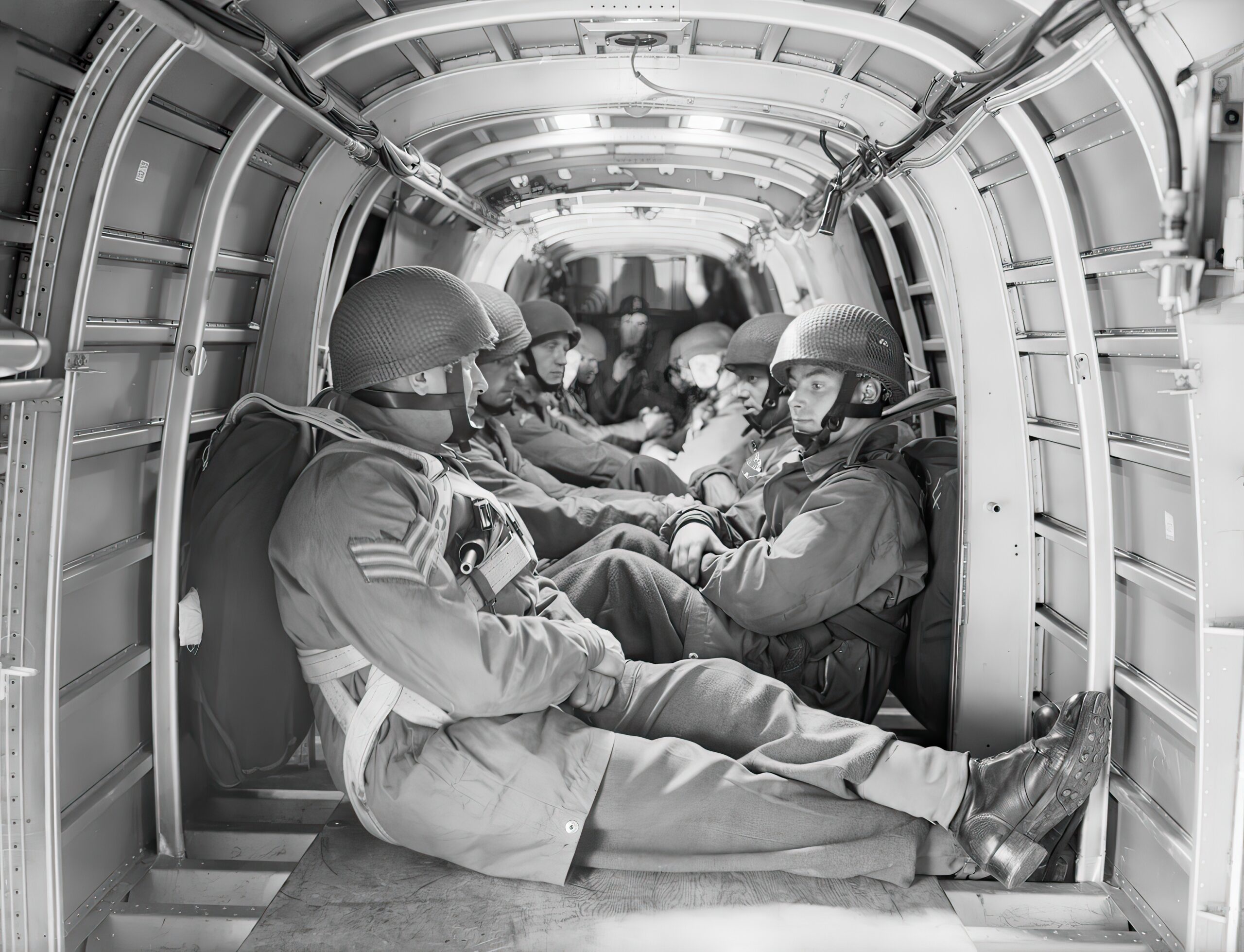 Paratroopers inside the fuselage of a Whitley aircraft at RAF Ringway