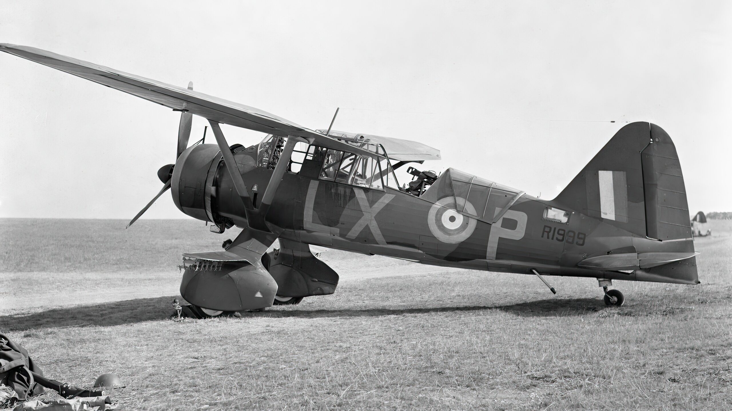 Westland Lysander Mark II, R1999 'LX-P', of No. 225 Squadron RAF, undergoing maintenance at Tilshead, Wiltshire. Note the single Lewis Mark III machine gun on its Fairey mounting in the rear cockpit 1940