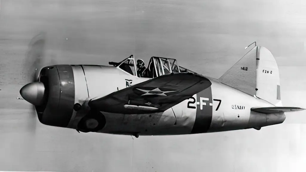 U.S. Navy Brewster F2A-2 (BuNo 1412) of fighter squadron VF-2 in flight, 1940/41