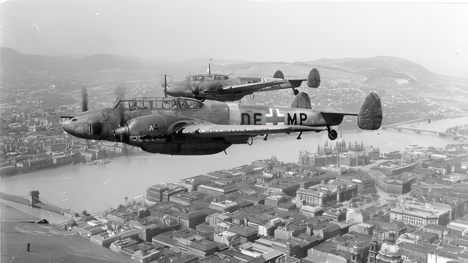 Bf 110s in flight above Budapest, 1944