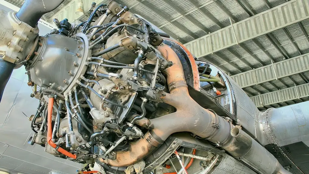 Pratt and Whitney R-1830 radial engine, mounted on the left wing of an ex-military Douglas C-47