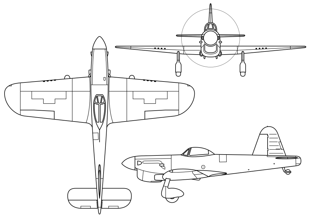 3-view drawing of British WWII prototype fighter aircraft Miles M.20.