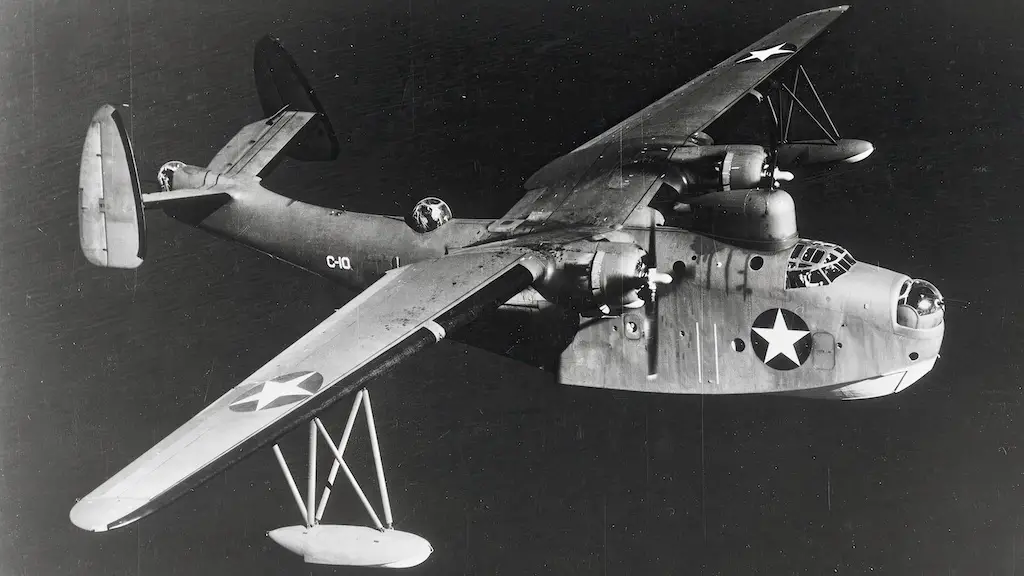 U.S. Navy Martin PBM-3C Mariner patrol bomber flying over the water, near Naval Air Station Norfolk, Virginia (USA), in September 1942