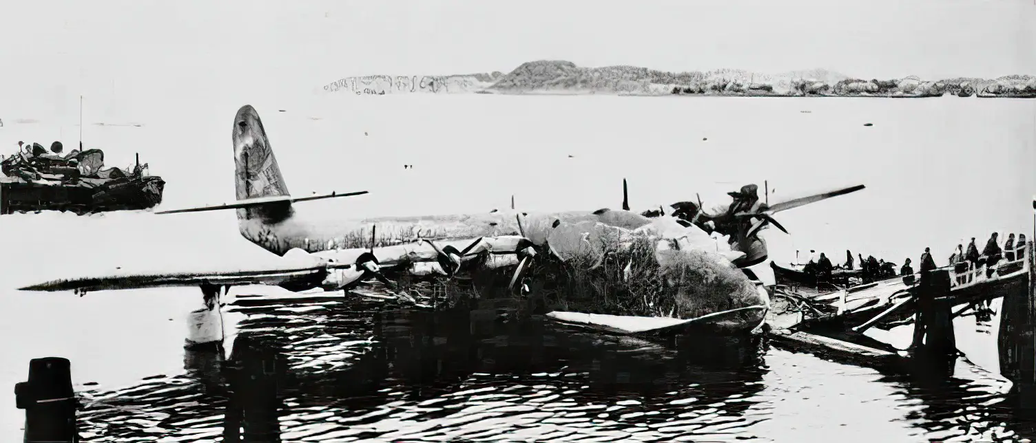A captured German Blohm & Voss BV 222 seaplane at Trondheim, Norway, undergoing tests by the U.S. Navy, probably 1945-46
