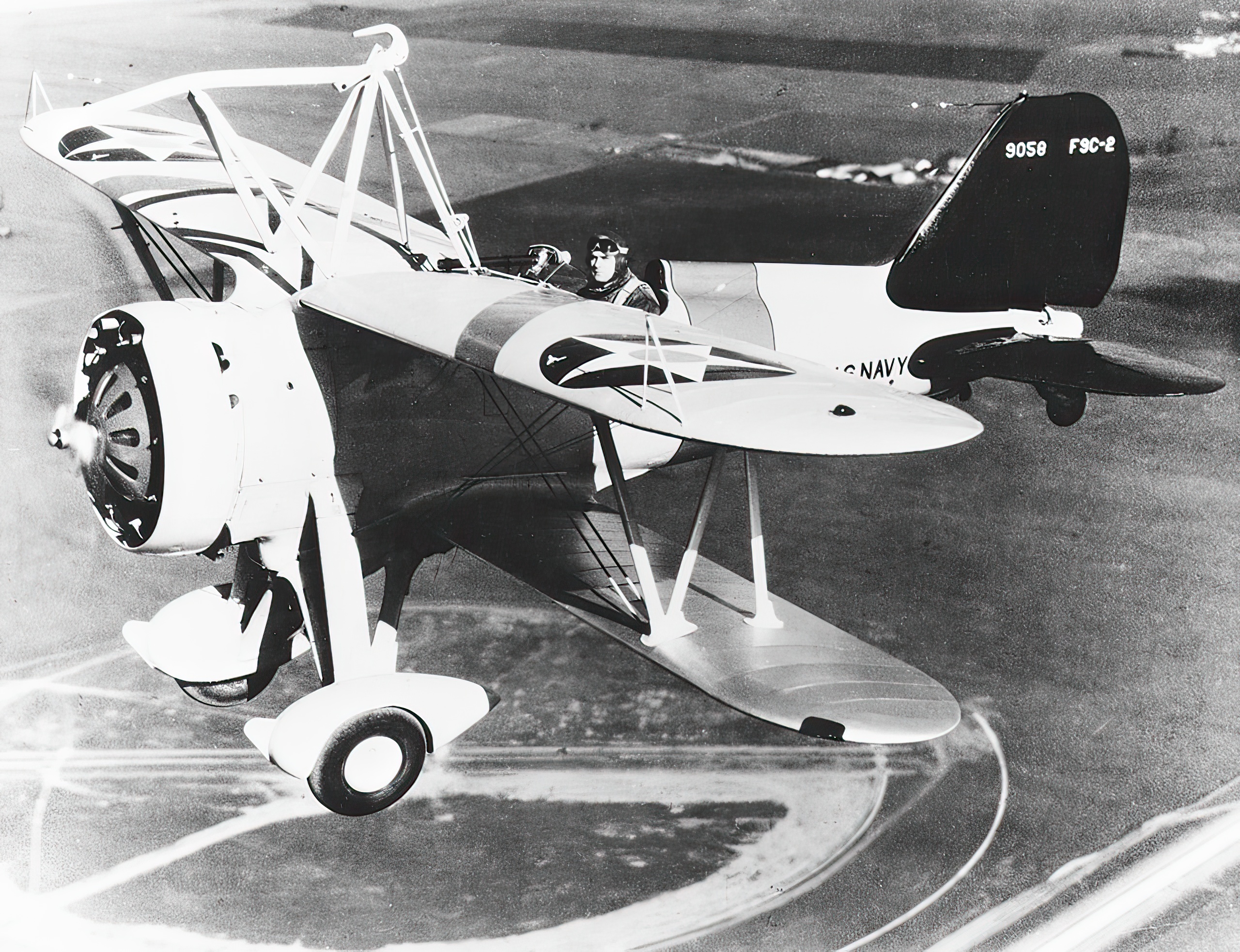 Curtiss F9C-2 Sparrowhawk (BuNo 9058) in flight over Moffett Field, California in 1934