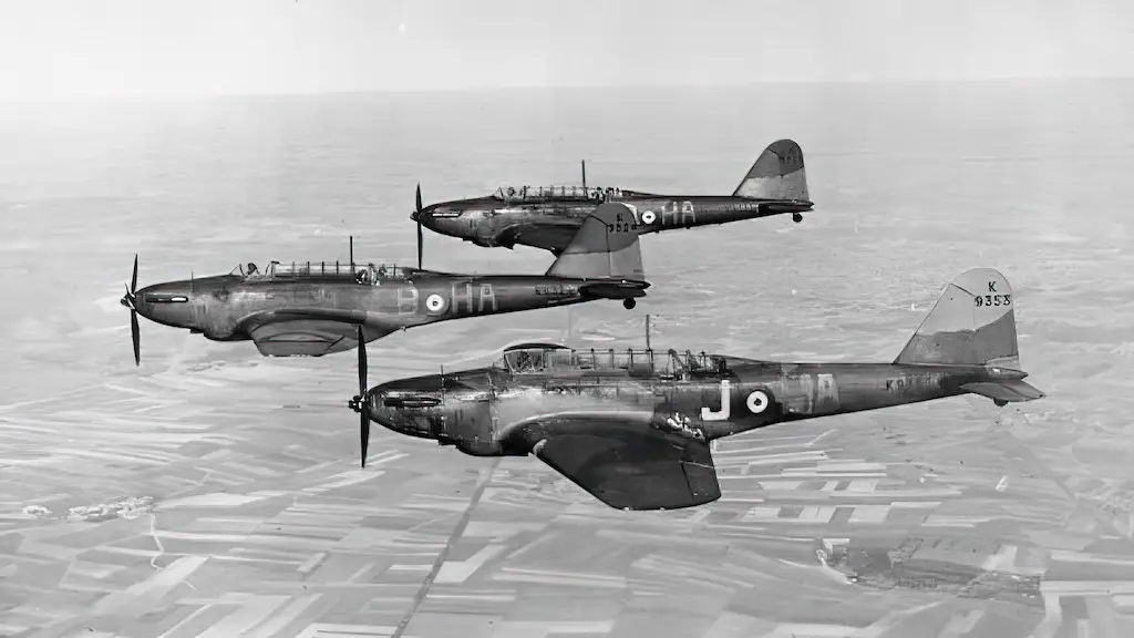 Three Fairey Battle fighter bombers of No 218 Squadron over France (between 1939 and 1940)