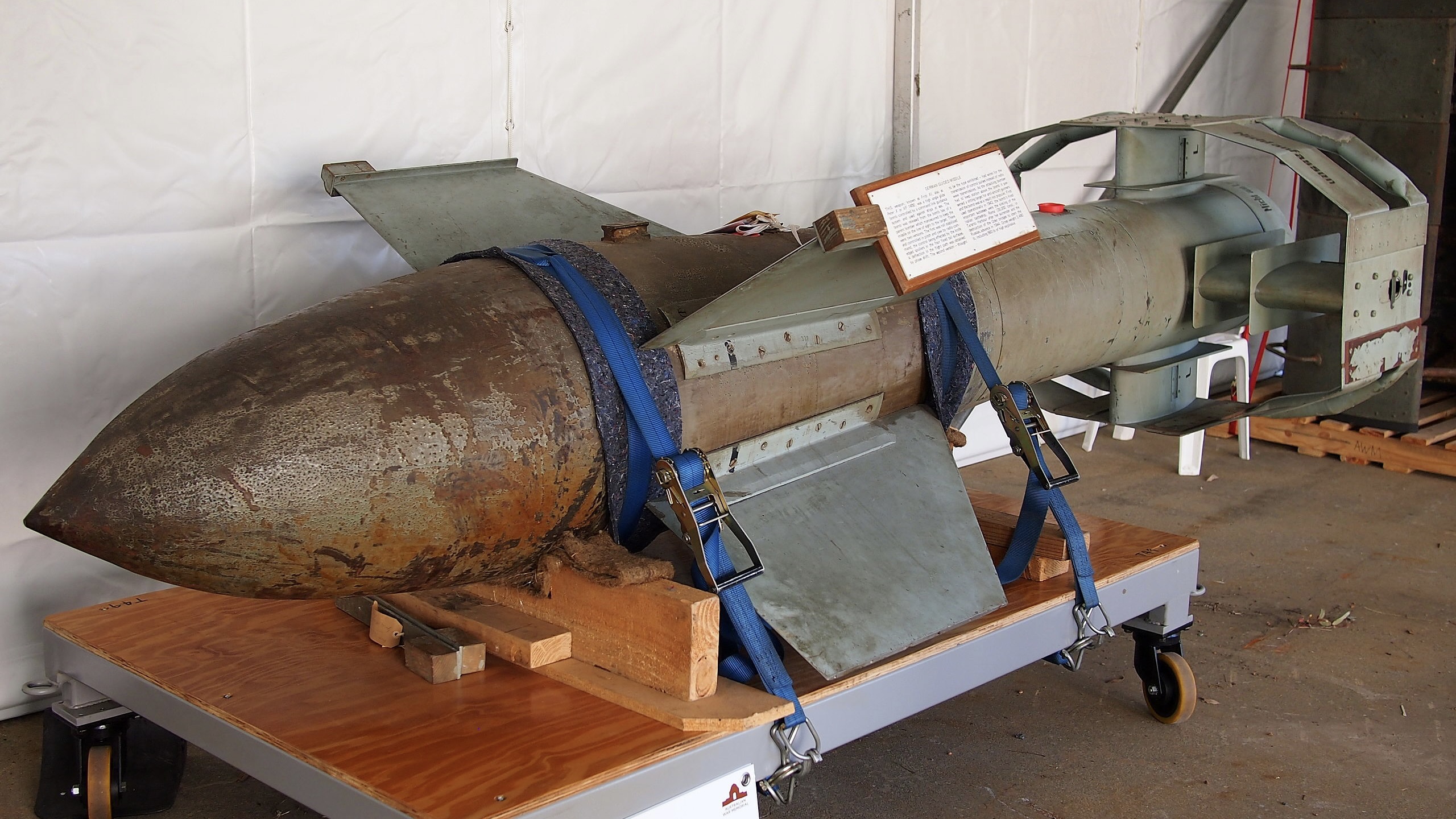 Fritz X guided bomb on display at the Australian War Memorial's Treloar Technology Centre