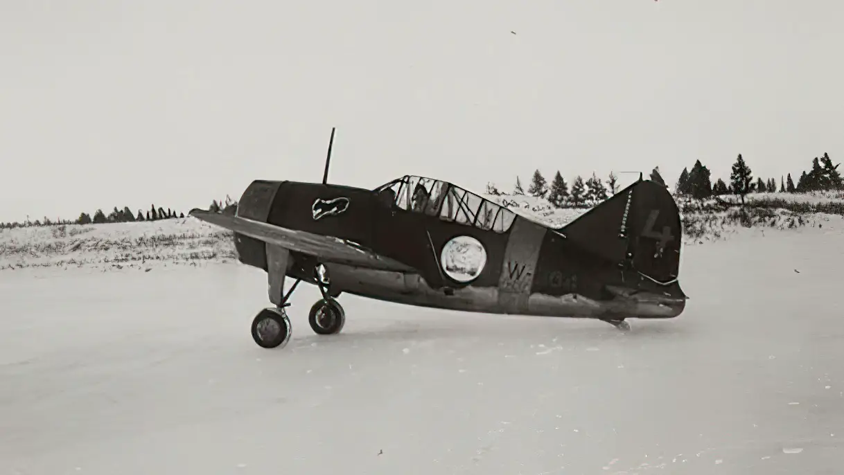 Ilmari Juutilainen and his Brewster BW-364 in the Continuation War at the Tiiksjärvi Airfield during the winter of 1942–1943