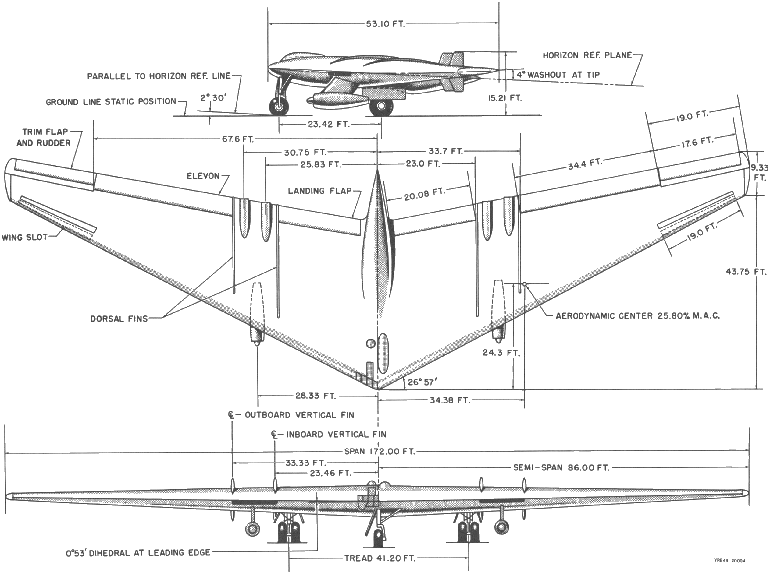 A 3-view line drawing of the Northrop YRB-49A