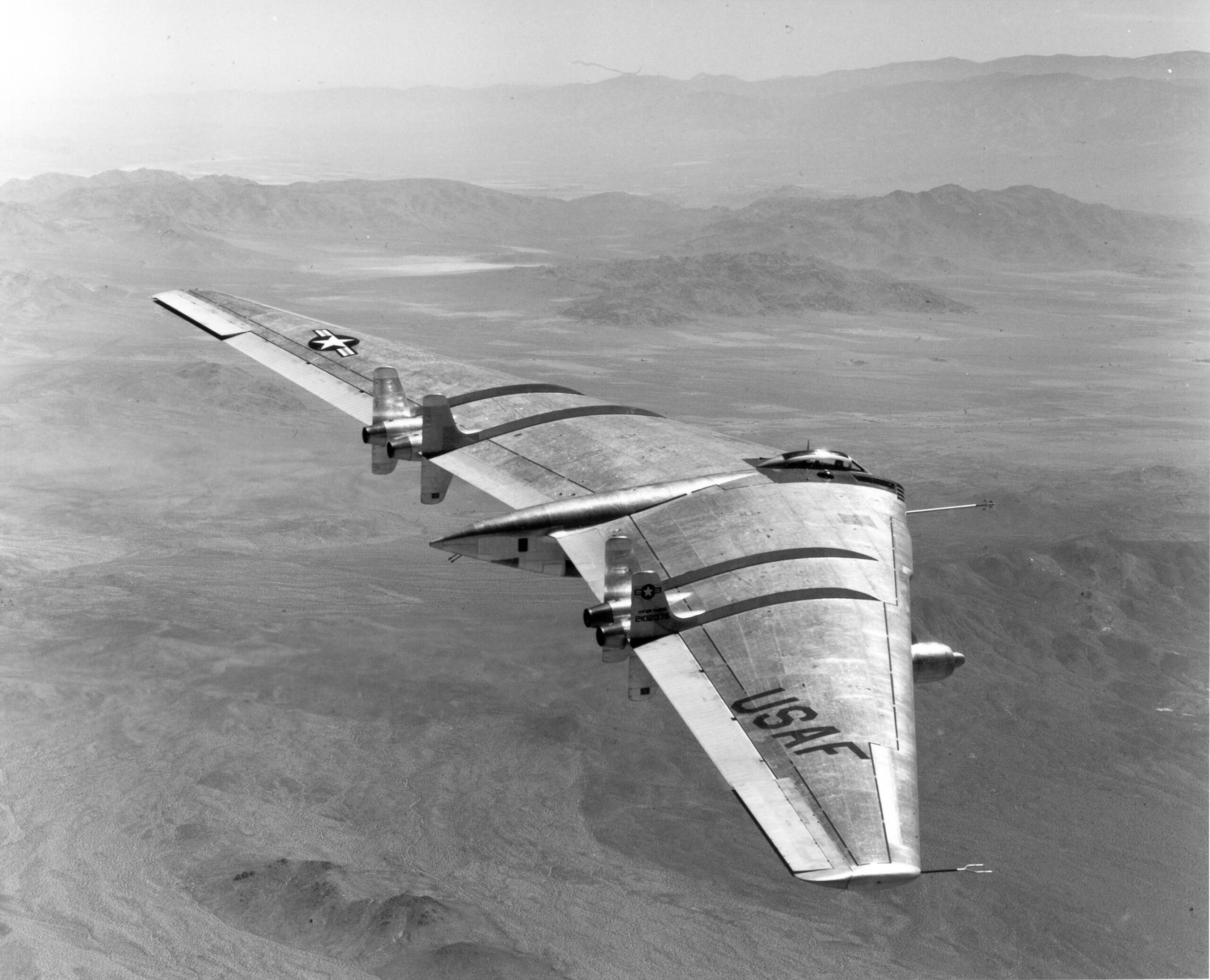 Northrop YRB-49 Flying wing, a heavy bomber prototype. This was the sixth and last of the original flying wings flown by Northrop. Note the two jet engines on under-wing pods (one is visible here just forward of the leading edge)
