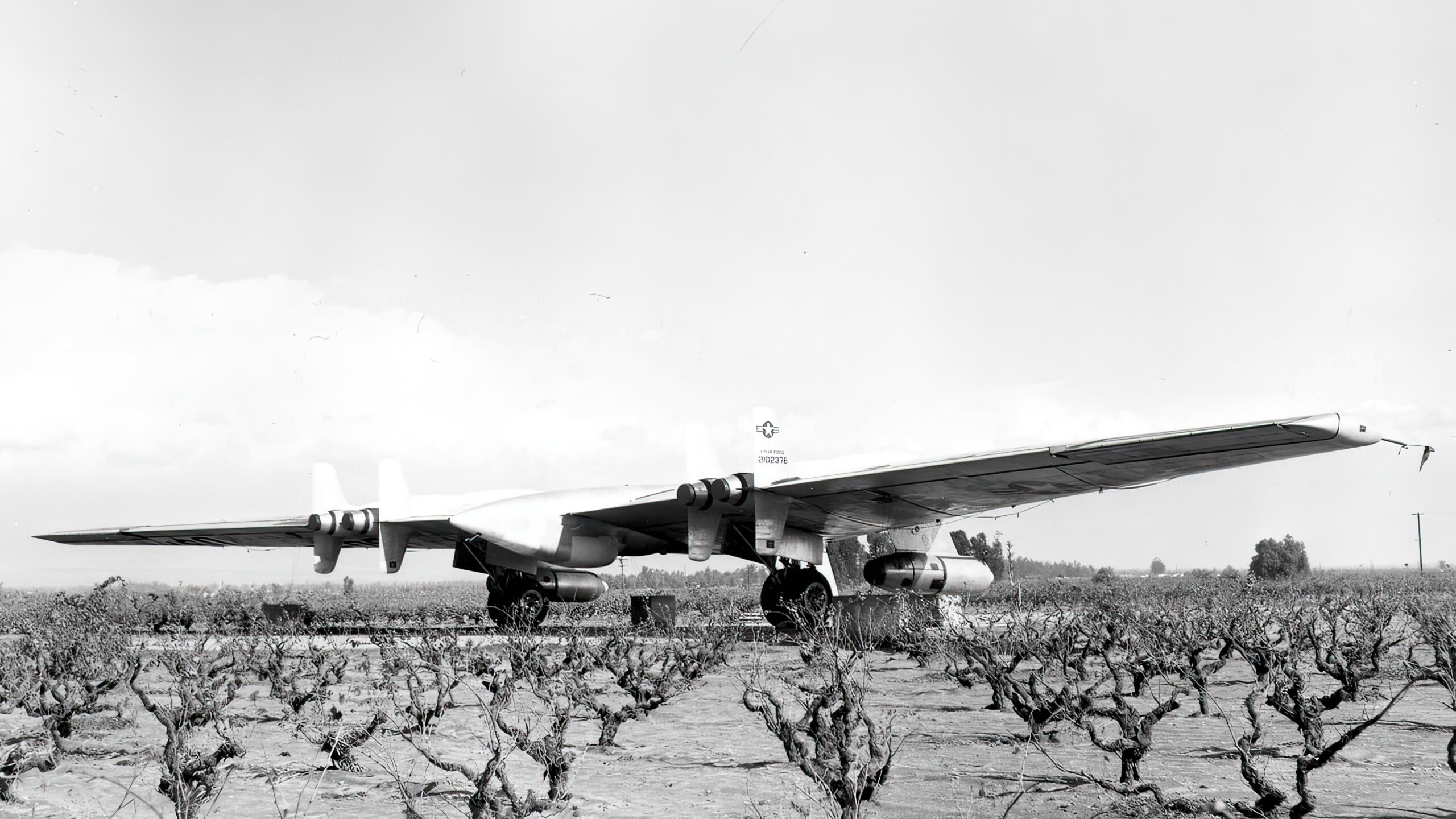 he sole completed YRB-49A with its eight engines replaced with six (two of which were externally mounted), sitting in storage at Ontario Airport, California, before it was scrapped in 1953