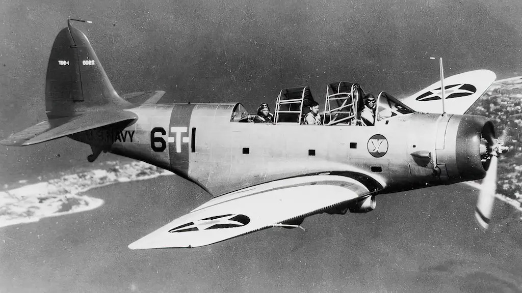 U.S. Navy Douglas TBD-1 Devastator (BuNo 0322) of Torpedo Squadron Six (VT-6) pictured in flight