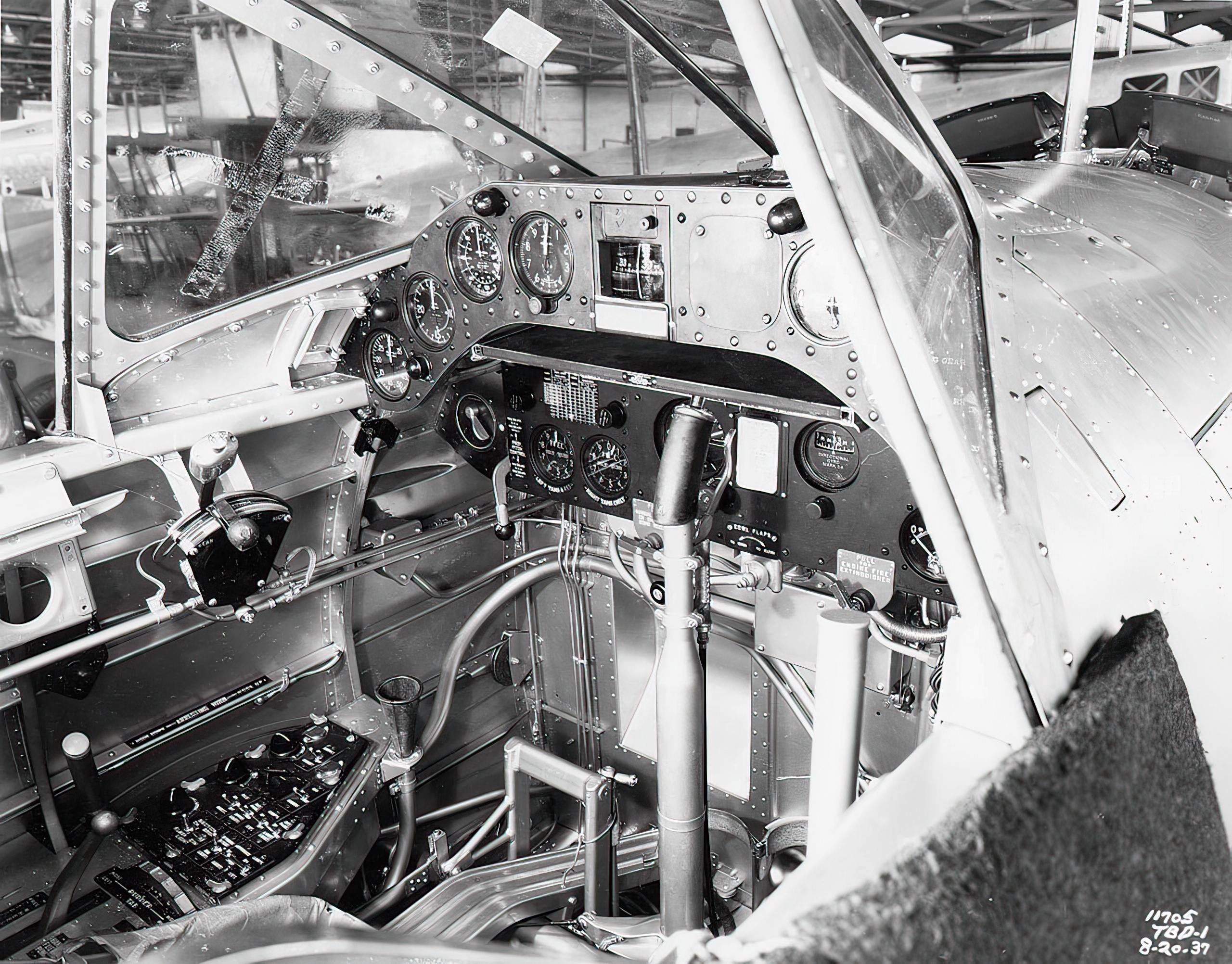 Left side view of the pilot's cockpit of a U.S. Navy Douglas TBD-1 Devastator torpedo bomber, August 20 1937