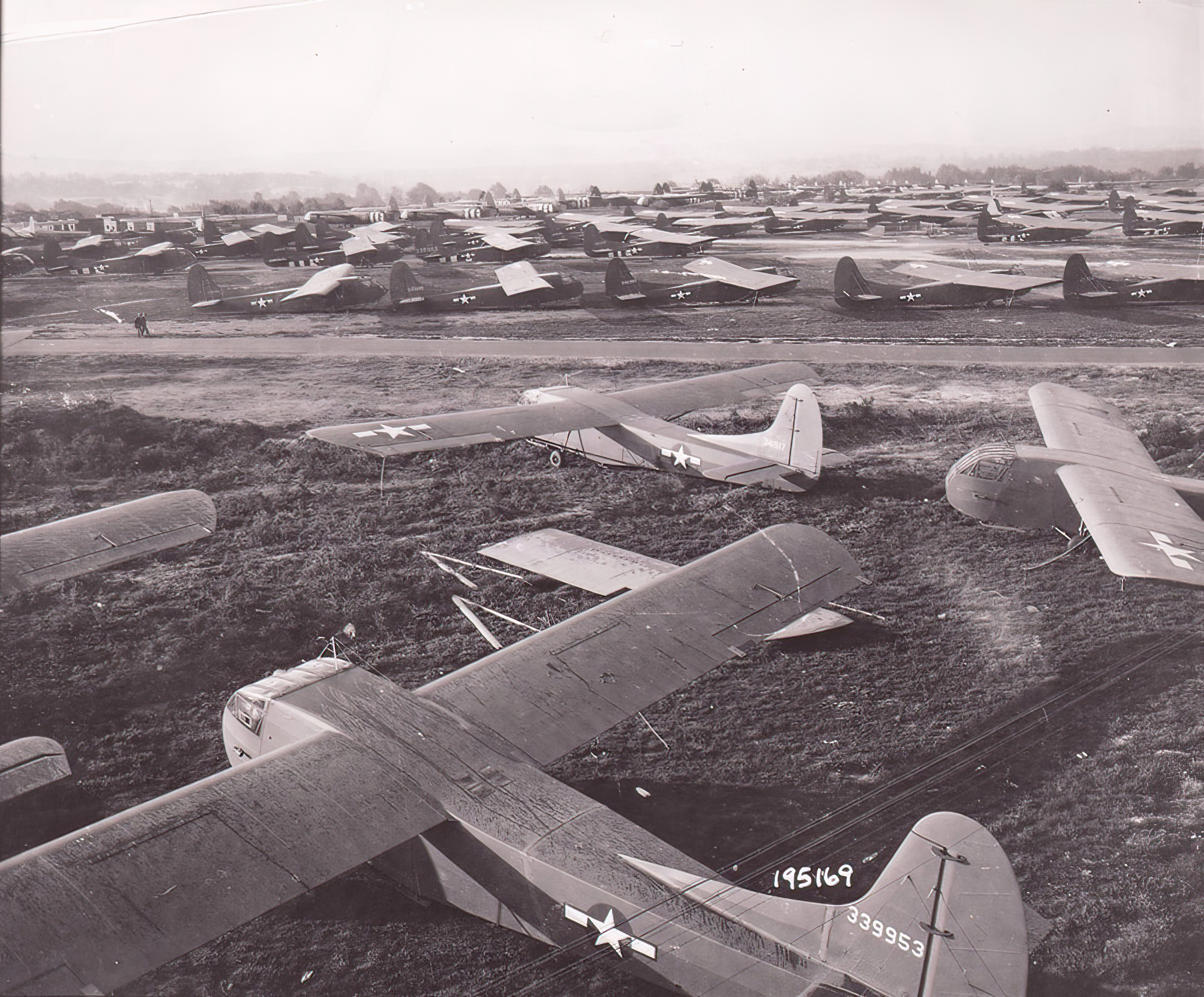 The 101st Airborne Division was reinforced with twelve glider serials on September 18. Here, Waco gliders are lined up on an English airfield in preparation for the next lift to Holland