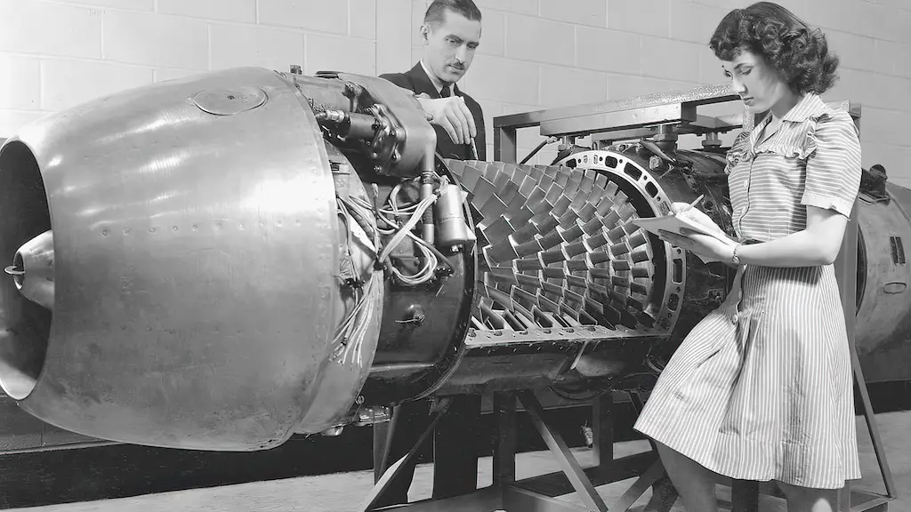 A Jumo 004 engine is being investigated by Aircraft Engine Research Laboratory engineers of the National Advisory Committee for Aeronautics in 1946