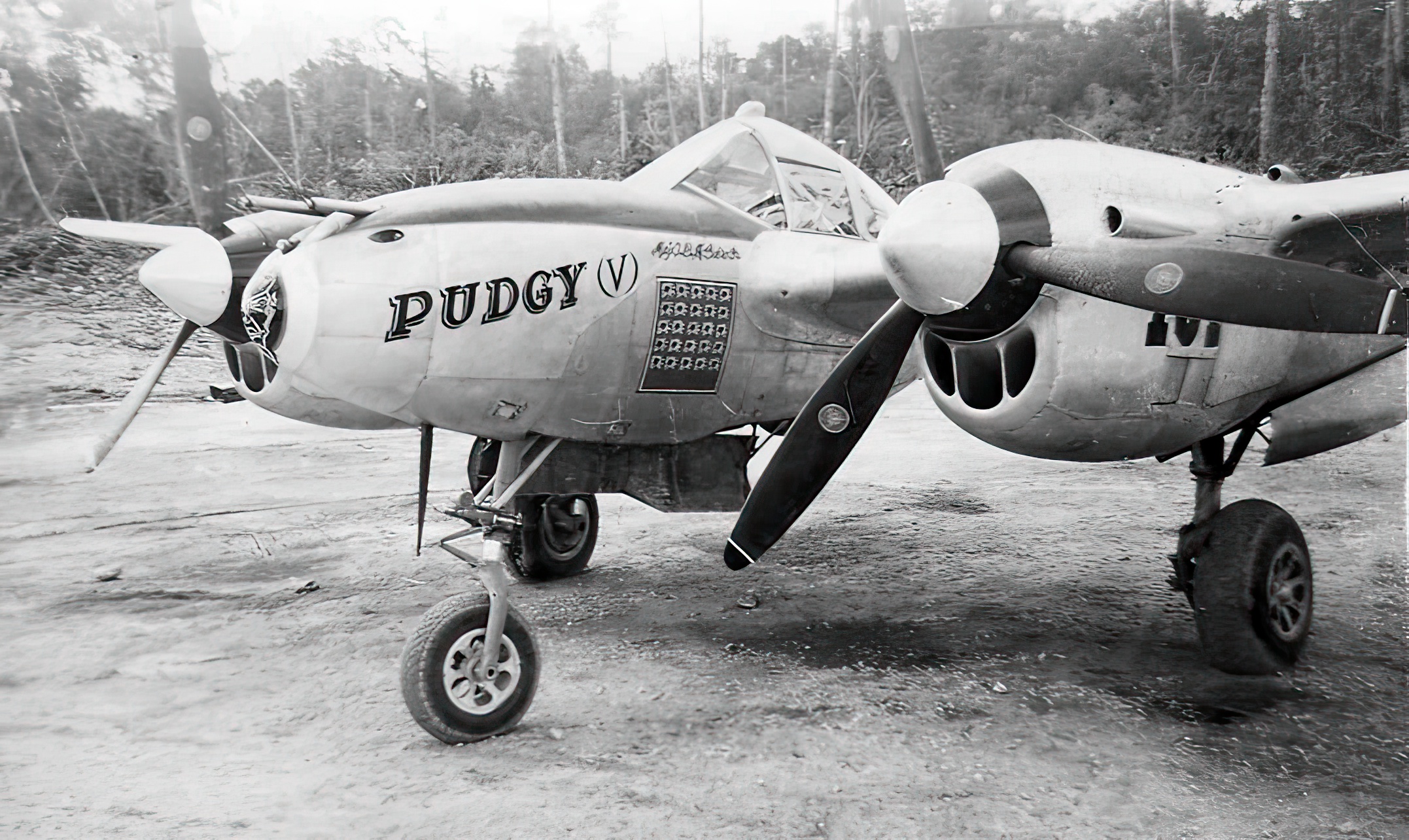 P-38L Lightning (44-24155) nicknamed “Pudgy V”; pilot Maj Thomas McGuire of the 431st Fighter Squadron, 475th Fighter Group, Luzon