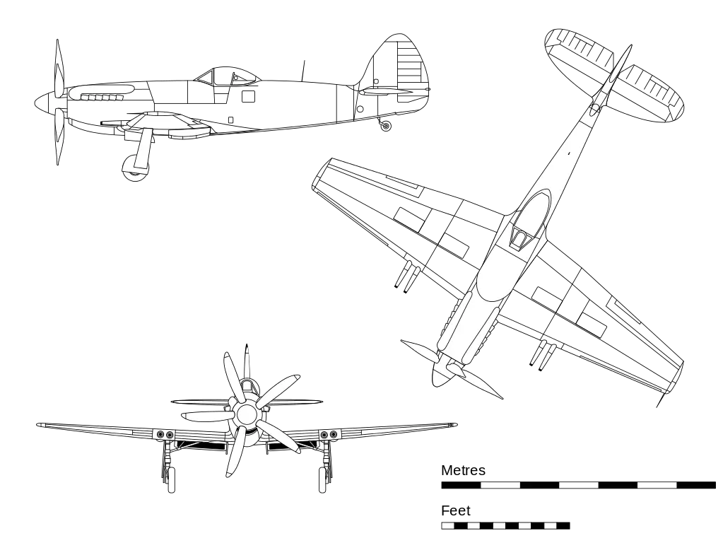 Orthographic projection of the Spiteful Mk.XIV. The Spiteful still has the elliptical tailplane of the Spitfire, but lacks the elliptical wing