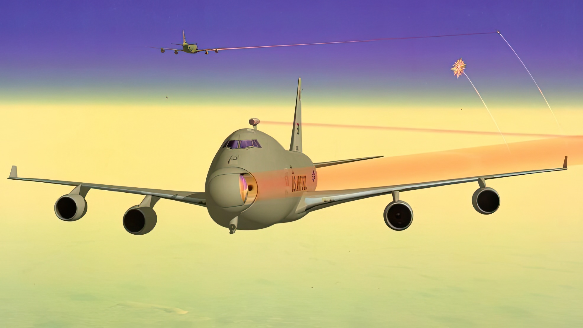 Artist impression of two YAL-1As shooting down ballistic missiles. The laser beams are highlighted red for visibility. (In reality, they would be invisible to the naked eye.)