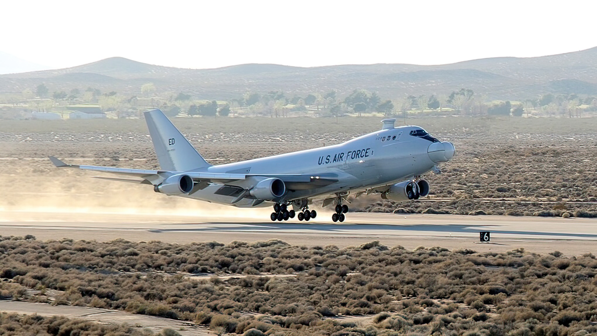 The YAL-1A Airborne Laser, a modified Boeing 747-400F, takes off from Edwards Air Force Base, California