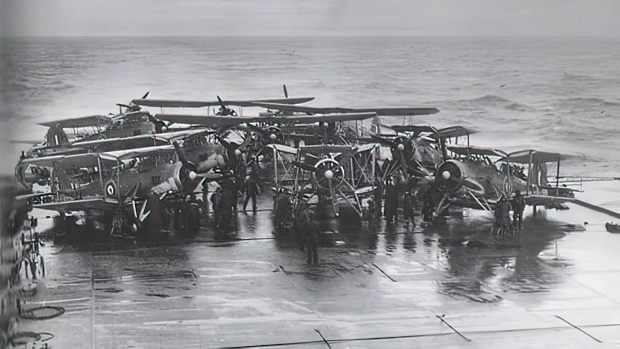 Swordfish torpedo bombers on the after deck of HMS Victorious before the attack on the Bismarck May 24 1941