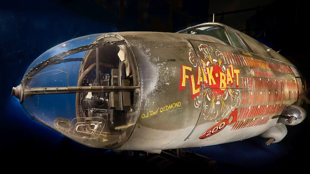 One-half left side, close-up view of Martin B-26B Marauder "Flak-Bait" (A19600297000) as displayed in the World War II Aviation exhibit (Gallery 205) at the Smithsonian National Air and Space Museum's National Mall Building, Washington, DC