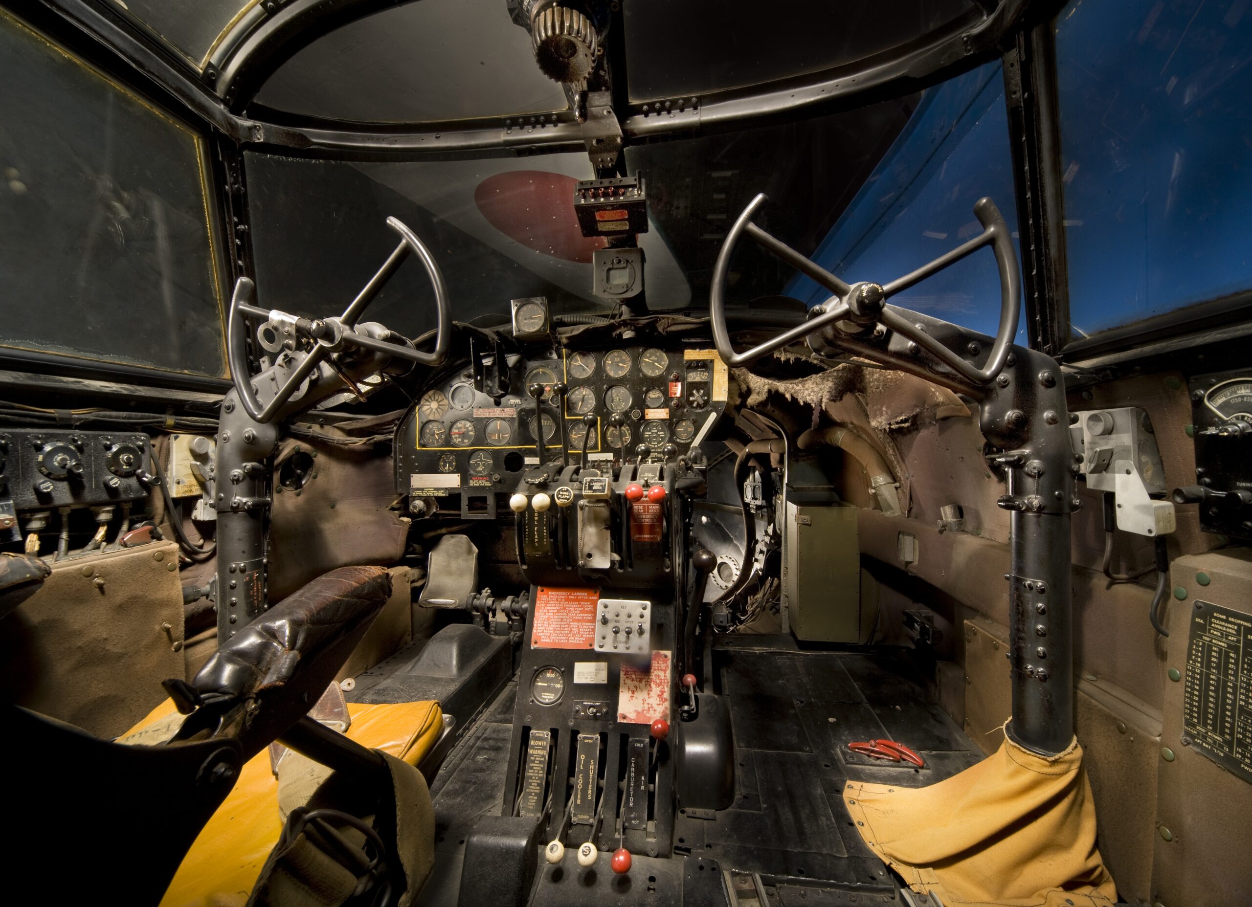 View of the cockpit, showing interior of the Martin B-26B Marauder "Flak-Bait" (A19600297000) as seen after display in the World War II Aviation exhibit (Gallery 205) of the National Air and Space Museum, Washington, DC, April 10, 2014. [FlakBait]