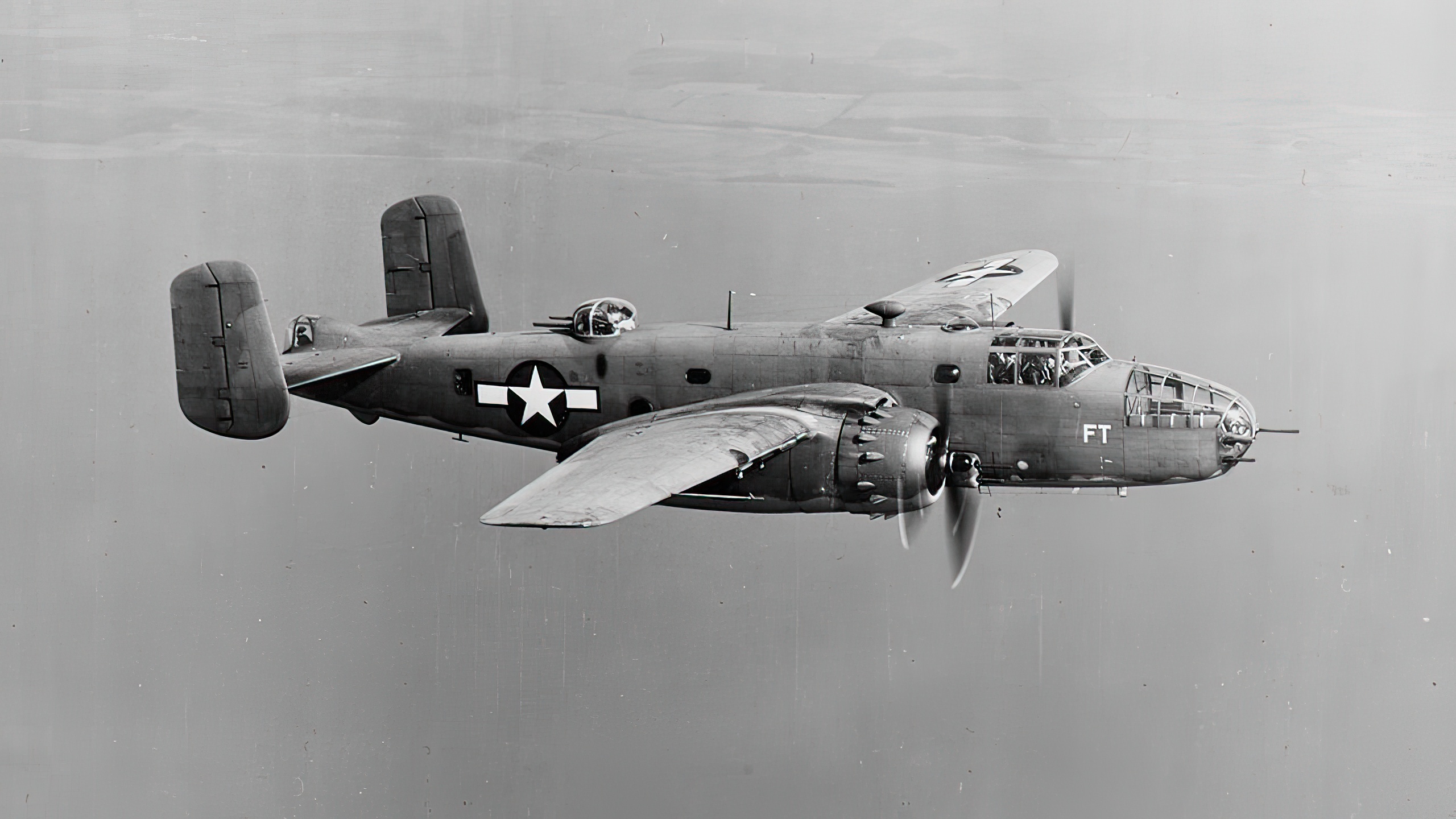 A U.S. Navy North American PBJ-1D Mitchell (BuNo 35094) in flight near the Naval Air Test Center Patuxent River, Maryland (USA), on February 28 1944