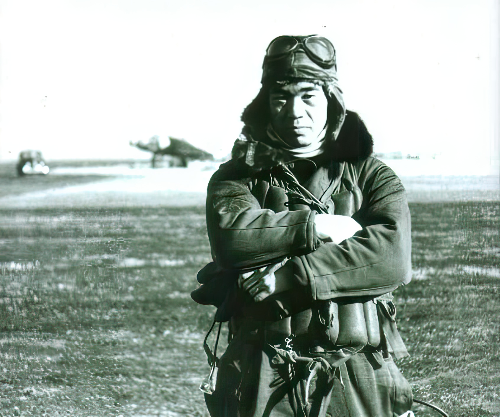 Japanese fighter ace Saburo Sakai (1916-2000) as a Petty Officer-pilot wears a flight suit at Hankow Airfield in Wuhan, China