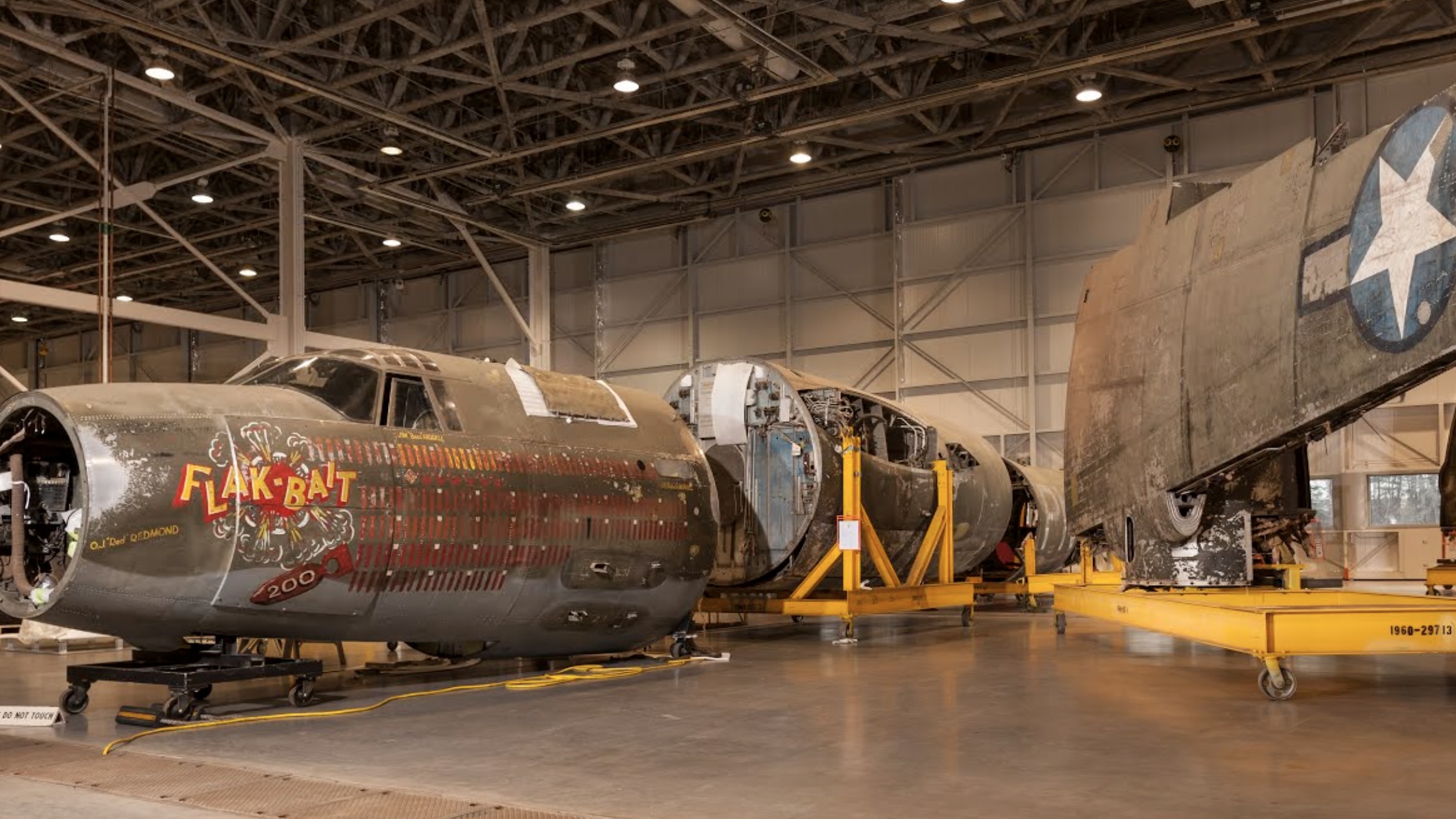Flak-Bait’s major airframe components together after delivery to the Mary Baker Engen Restoration Hangar of the Steven F. Udvar Hazy Center in 2015