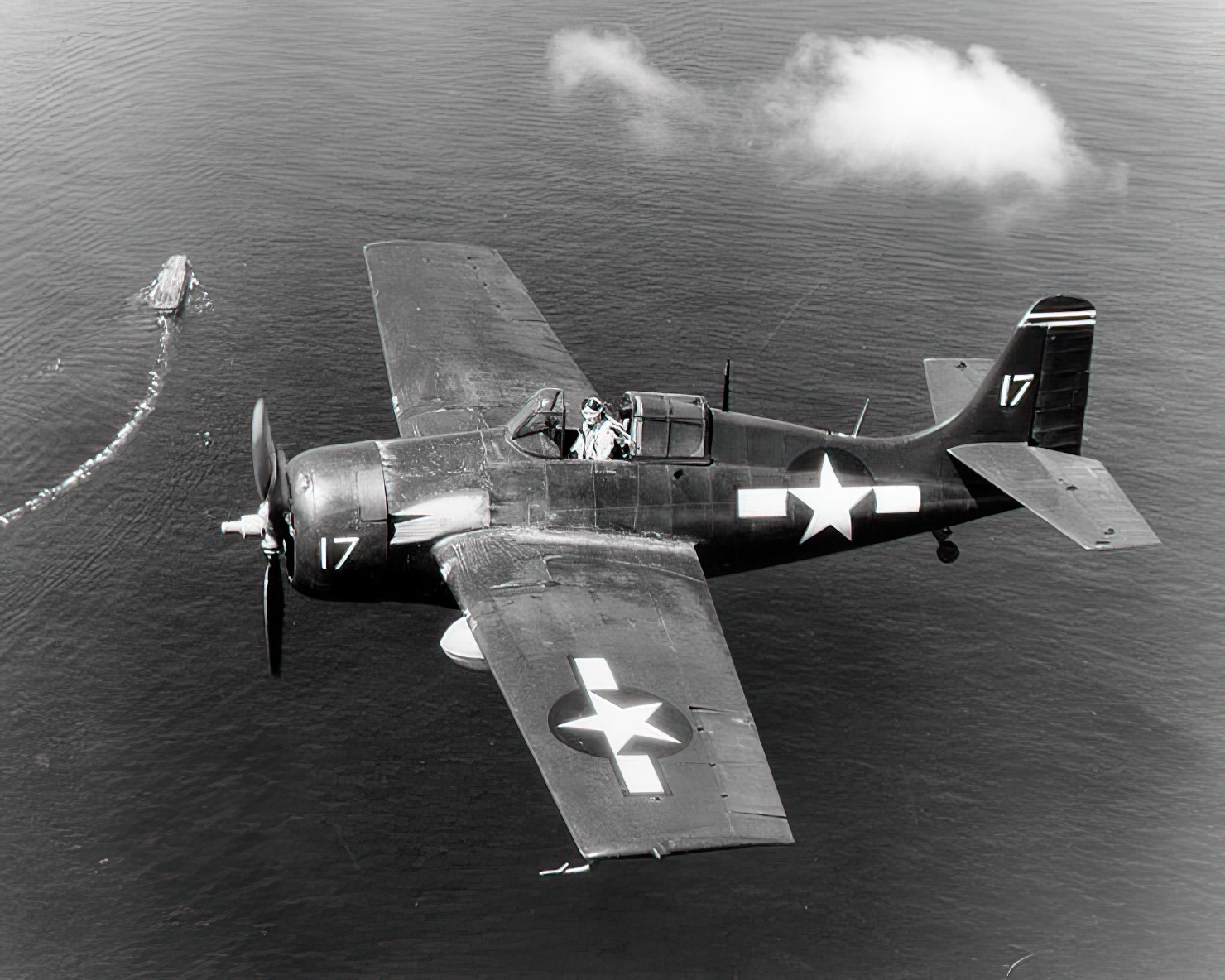 General Motors FM-2 Wildcat fighter on combat air patrol over USS Santee (CVE-29), during the Leyte Invasion, October 20 1944