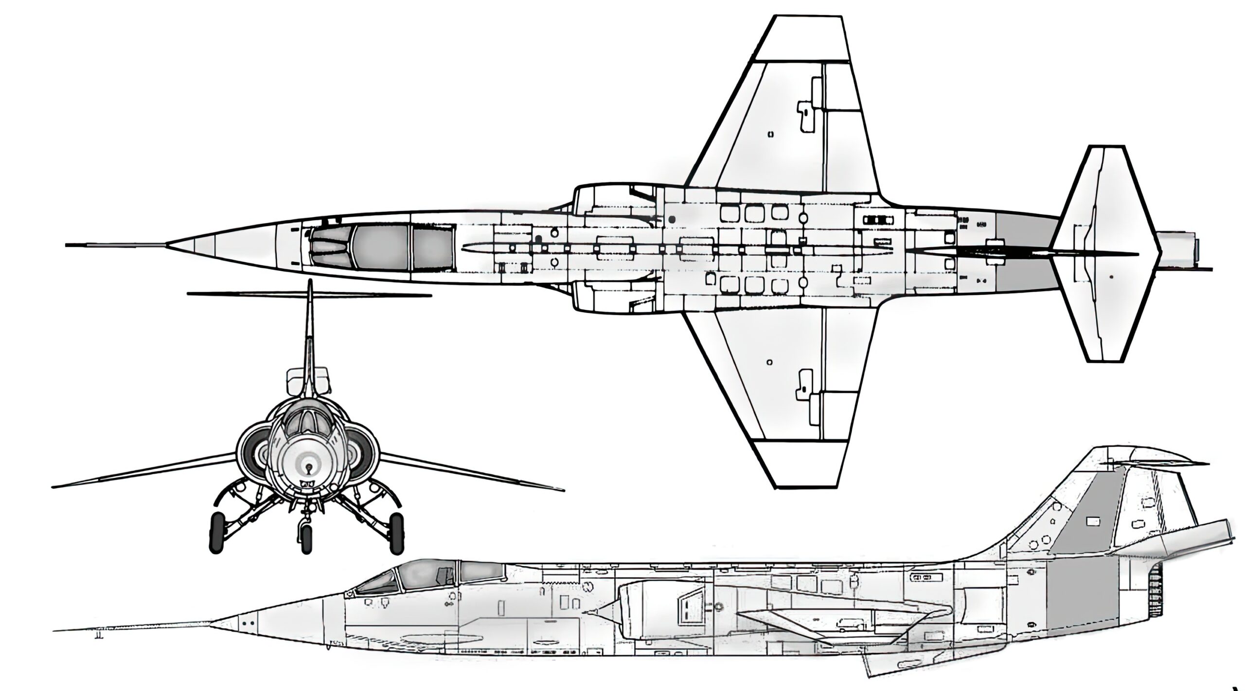 Three-view drawing of the Lockheed NF-104 Starfighter