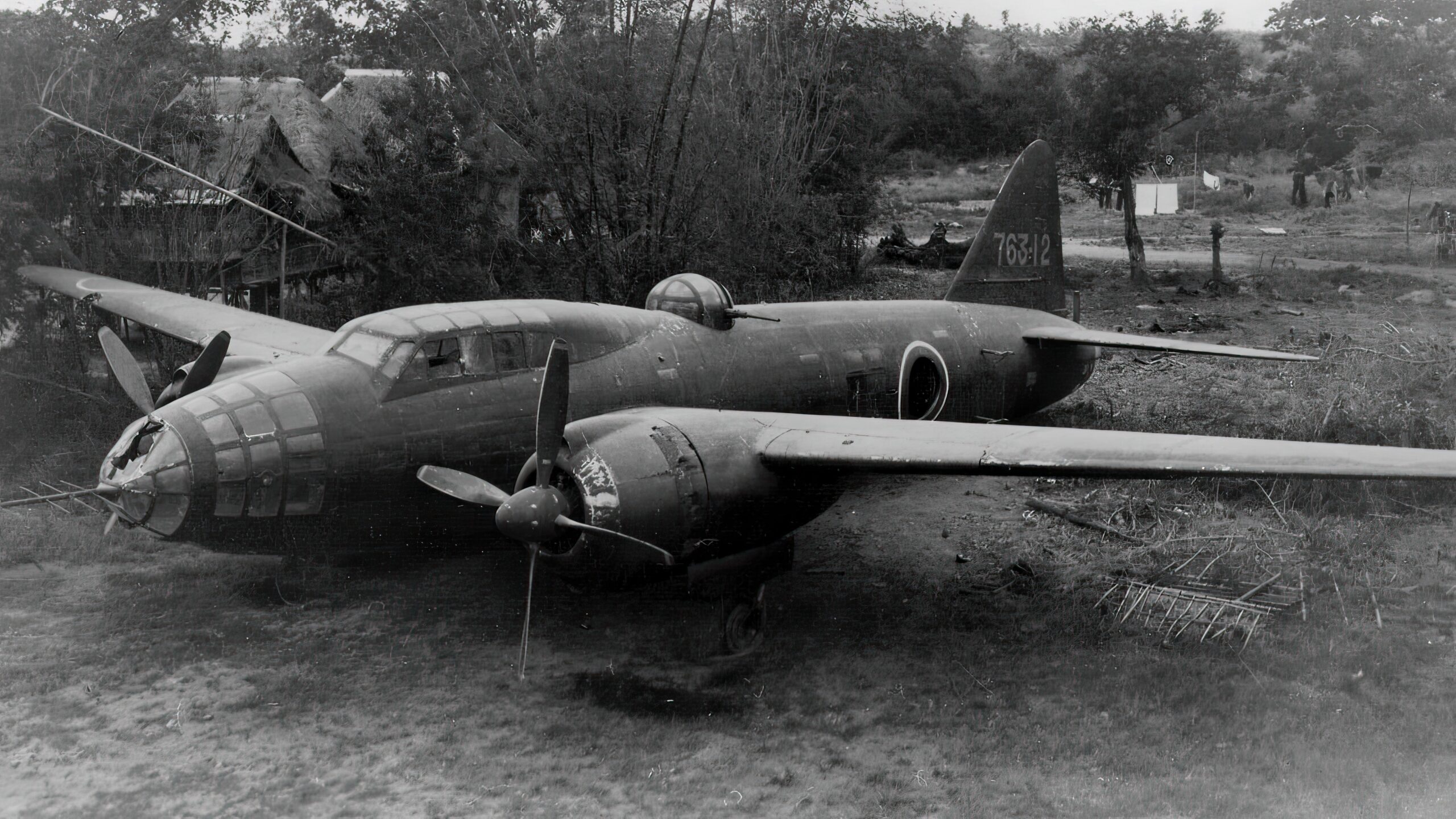 An Imperial Japanese Navy Mitsubishi G4M "Betty" bomber (probably a G4M2a Model 24 Ko/Otsu) pictured somewhere in the Southwest Pacific. Note the radar antenna April 1945