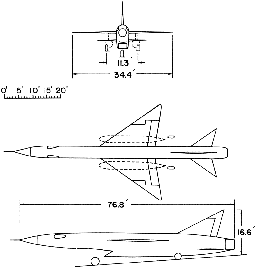A 3-view line drawing of the Republic XF-103
