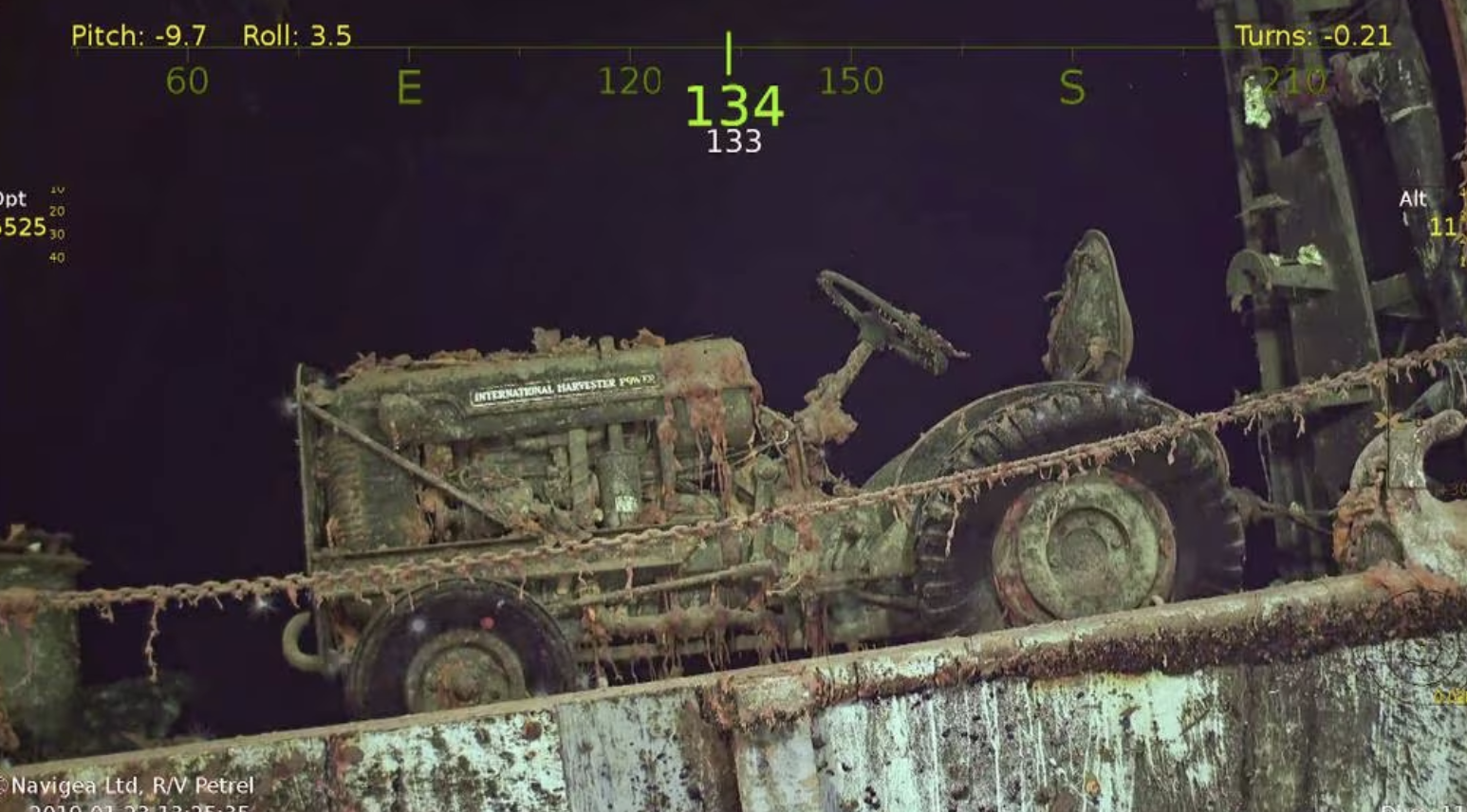 An International Harvester aircraft tug can be seen as clear as day onboard the USS Hornet, Photo: (R/V Petrel)