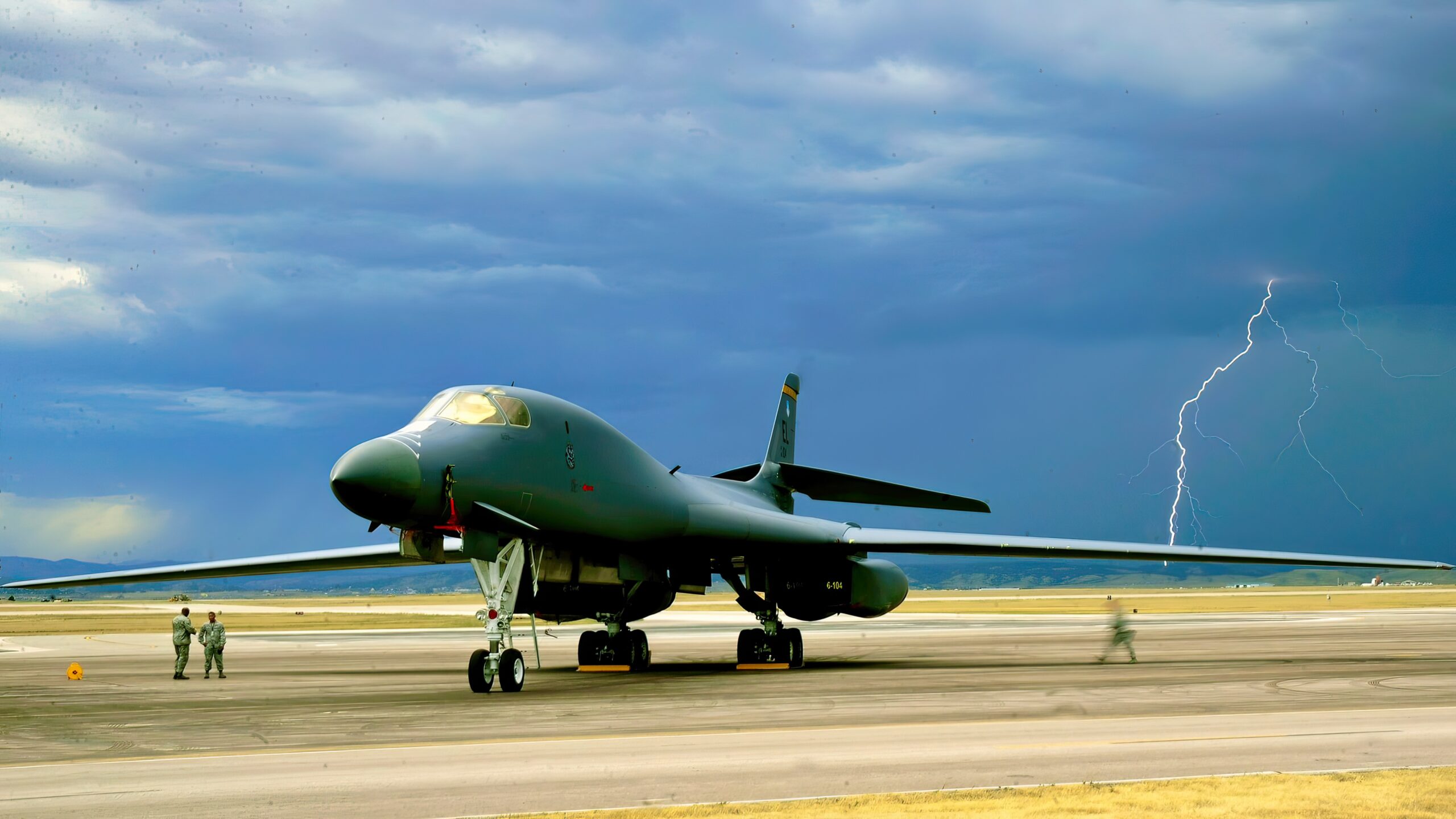 B-1B Lancer during an evening thunderstorm Sept. 9, 2010, at Ellsworth Air Force Base, S.D. Ellsworth is home to the 28th Bomb Wing which maintains a fleet of 28 B-1s. (U.S. Air Force photo/Senior Airmen Corey Hook)