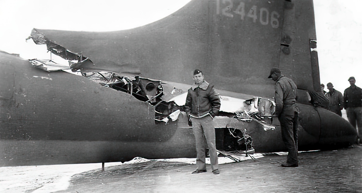 The B-17 Flying Fortress, “All American”, number 41-24406, above, which carried its crew back to safety despite being so badly damaged that you would not think that possible