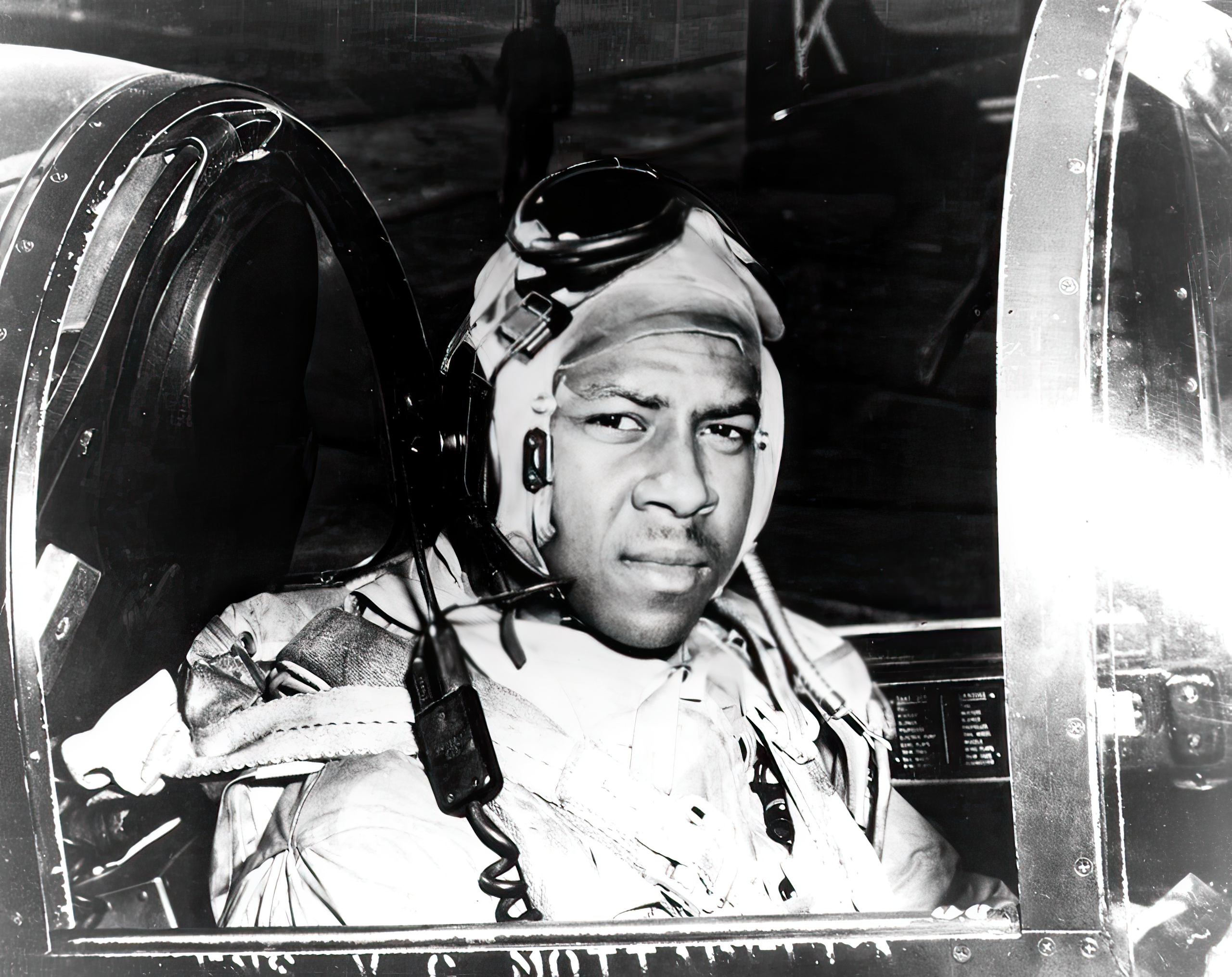 Brown in the cockpit of a Grumman F8F 'Bearcat' fighter (circa 1949), prior to deploying to Korea in late 1950