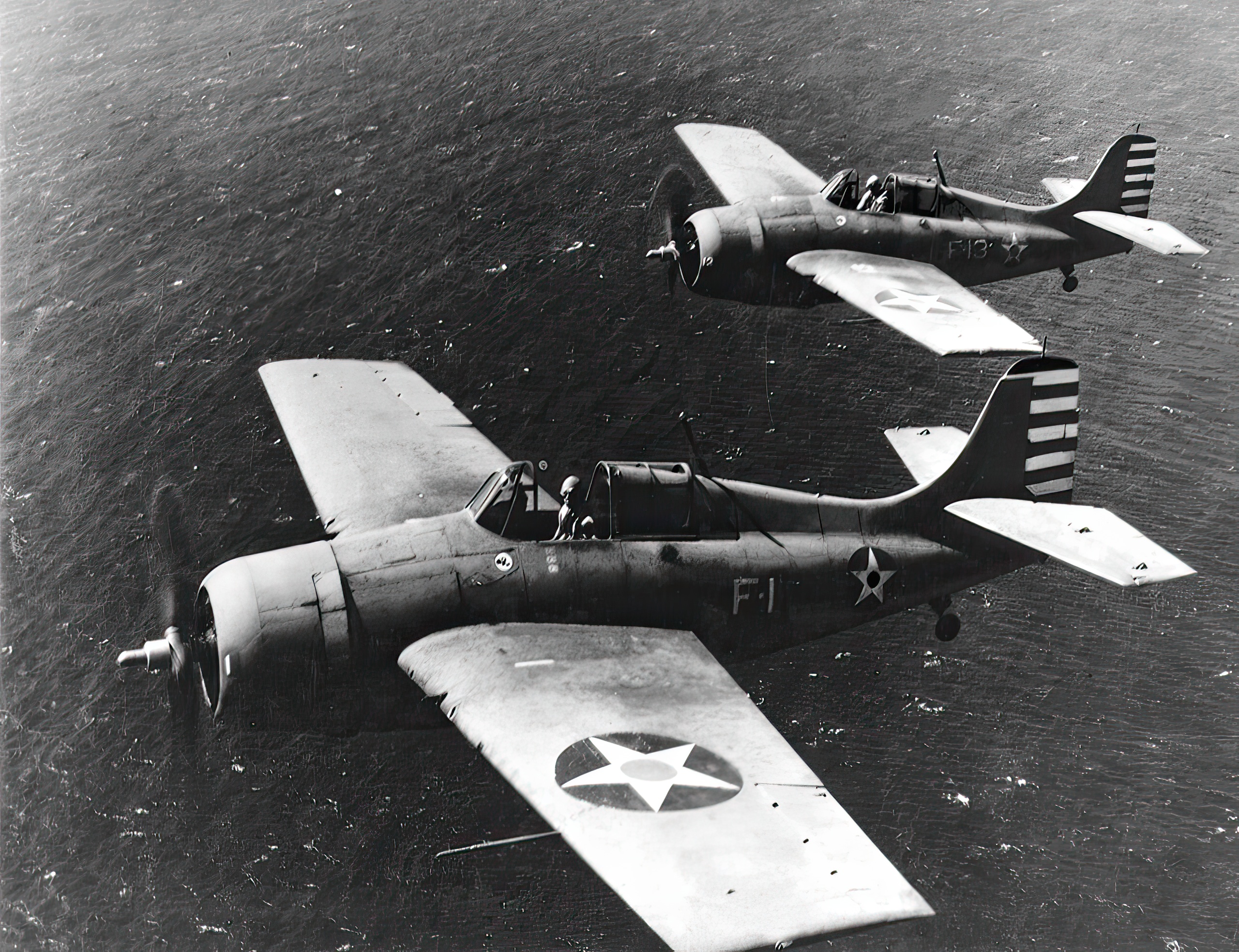 F4F-3A Wildcats flown by LCMDR. Thach (F-1) and Lt. O'Hare (F-13) during the aerial photography flight of April 11, 1942