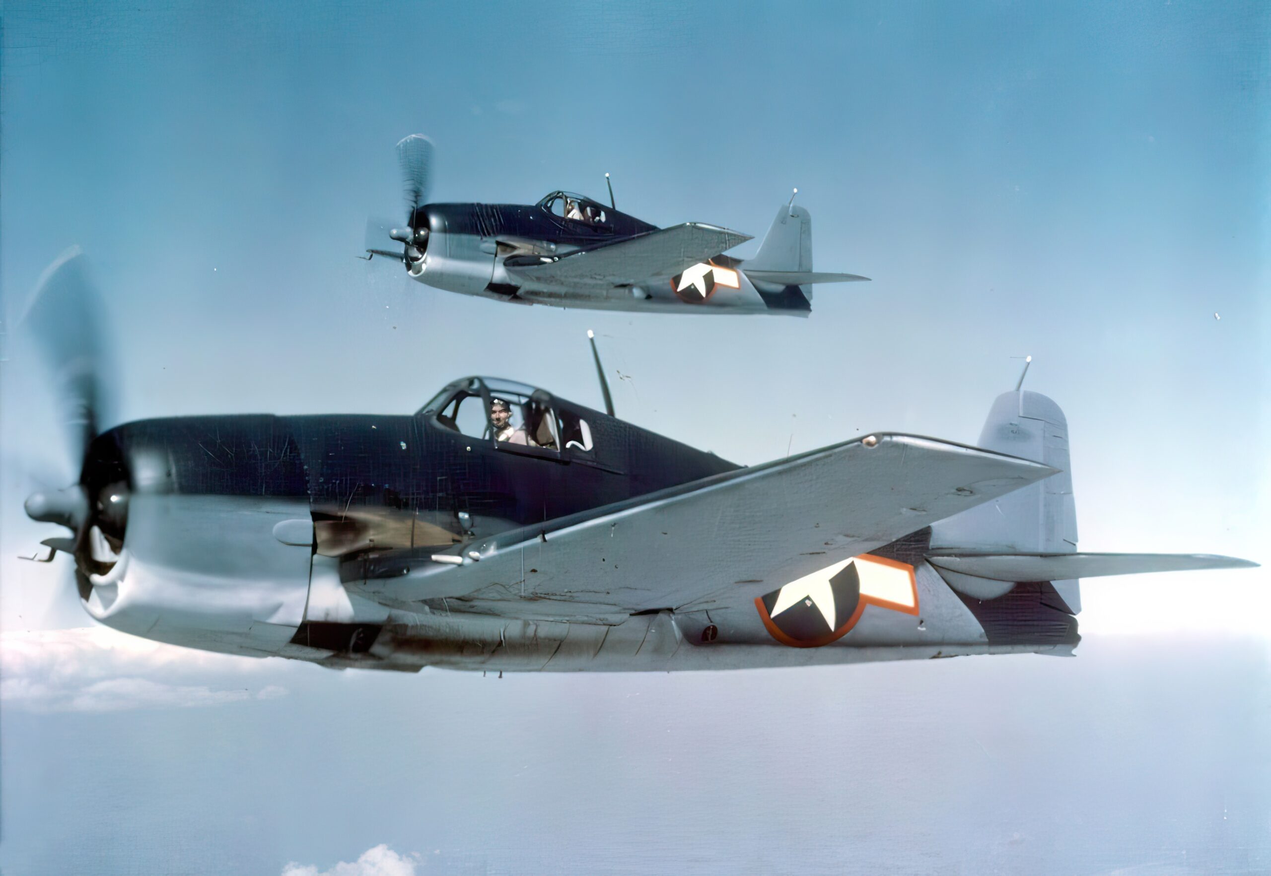 A two-plane section of F6F-3 Hellcats in tri-color camouflage scheme, wearing the red-outlined national insignia (January 21, 1943)