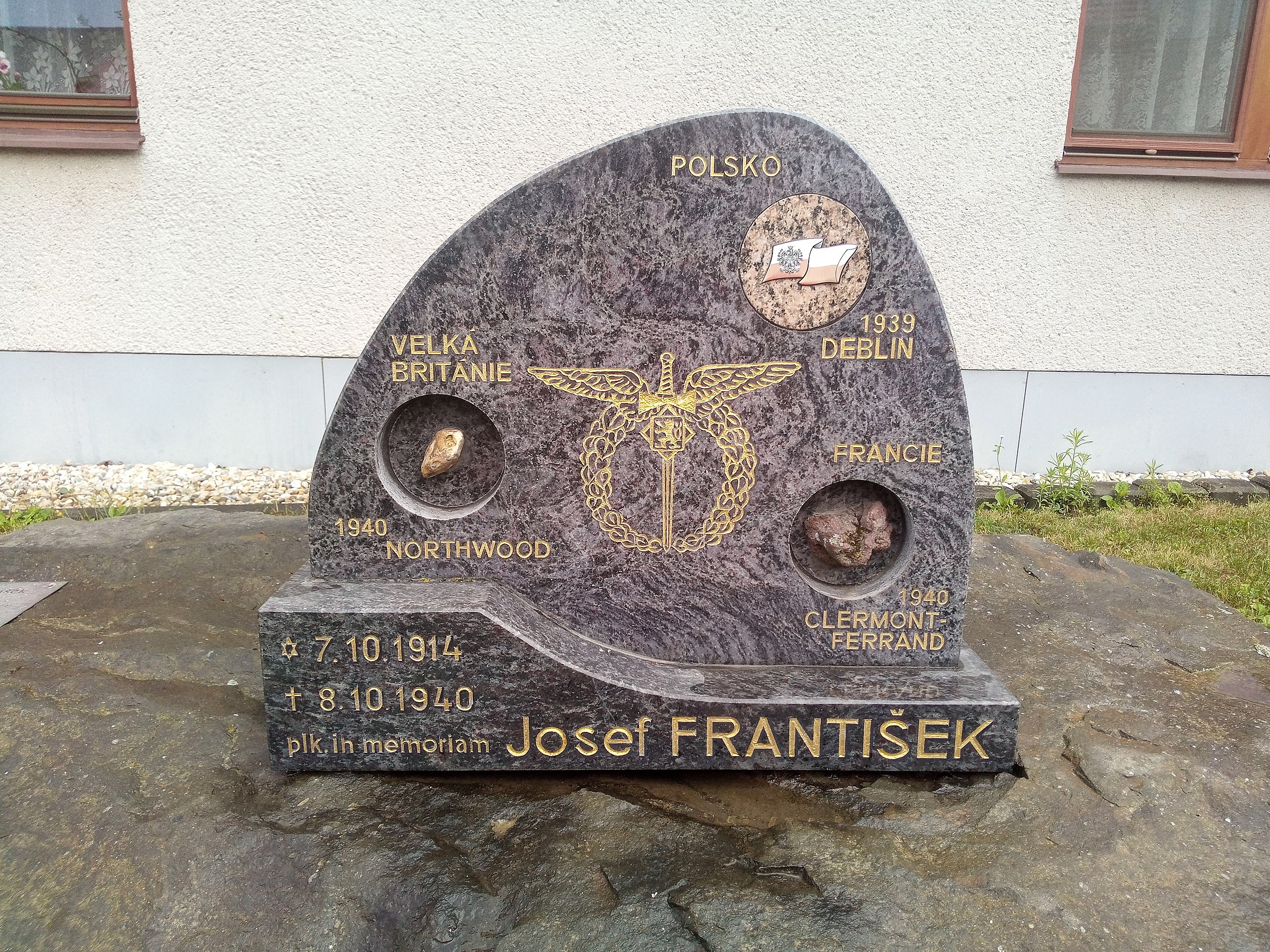 RAF pilot Josef Frantisek memorial stone in Otaslavice, Czechia