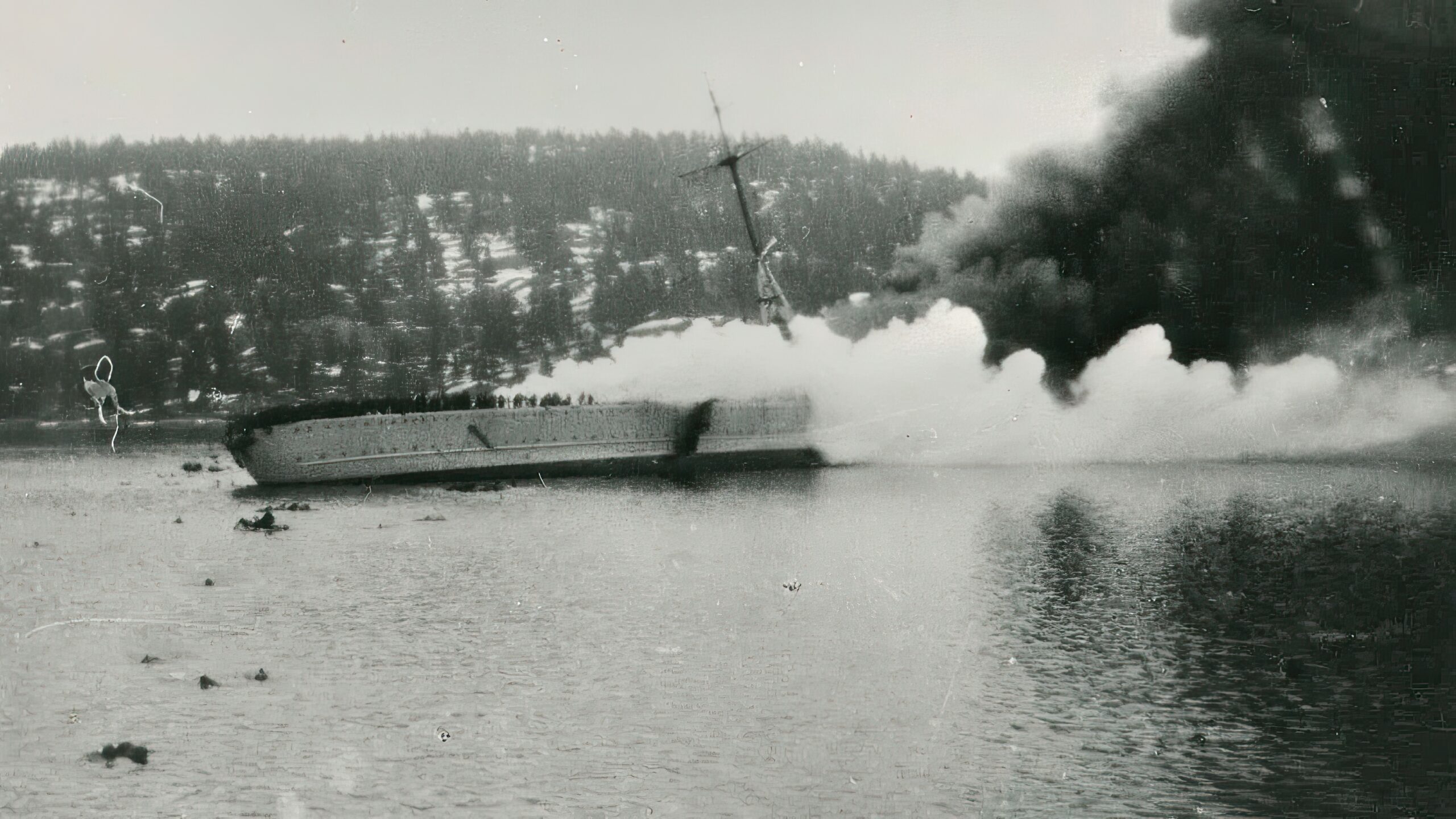 Blücher on fire and sinking in Drøbak Sound