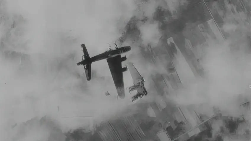 Boeing B-17G Flying Fortress Wee Willie falling apart after a direct hit by German flak, April 1945. (Photo Credit: Roger Freeman Collection