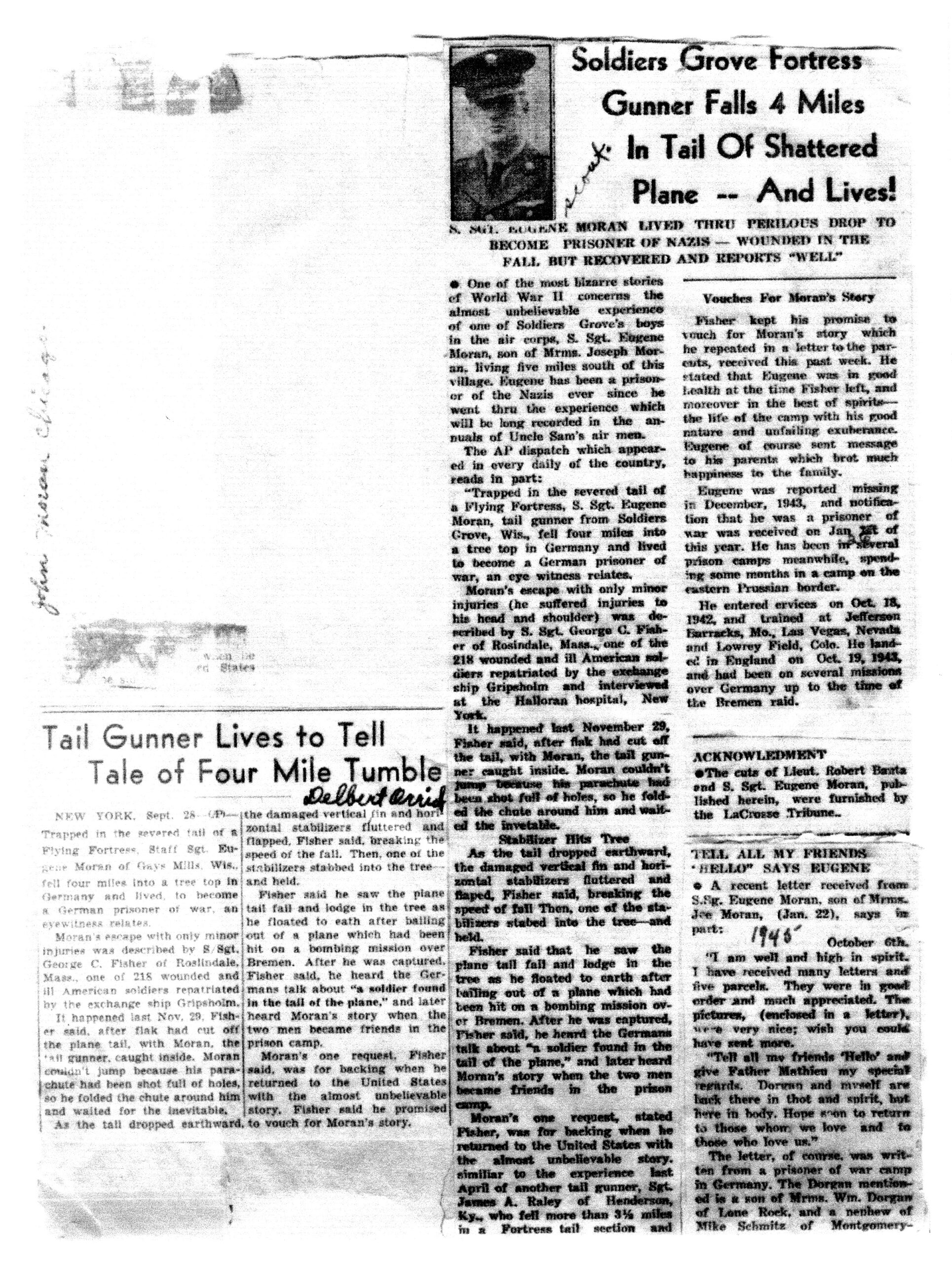 News clipping of SSGT Eugene Moran riding wreckage after being shot down