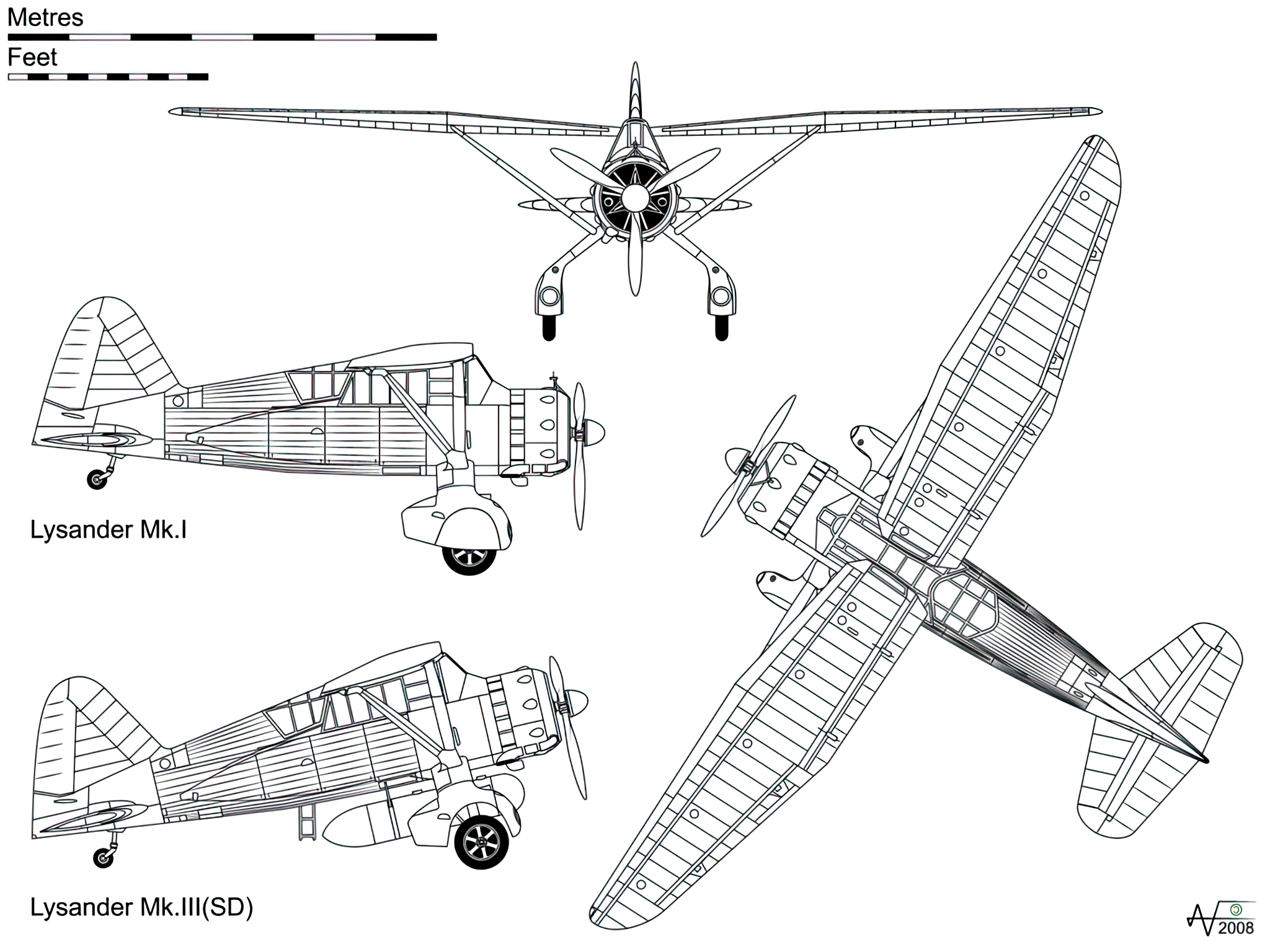 Lysander Mk.I drawing, with additional side view of Mk.III (SD) covert operations aircraft
