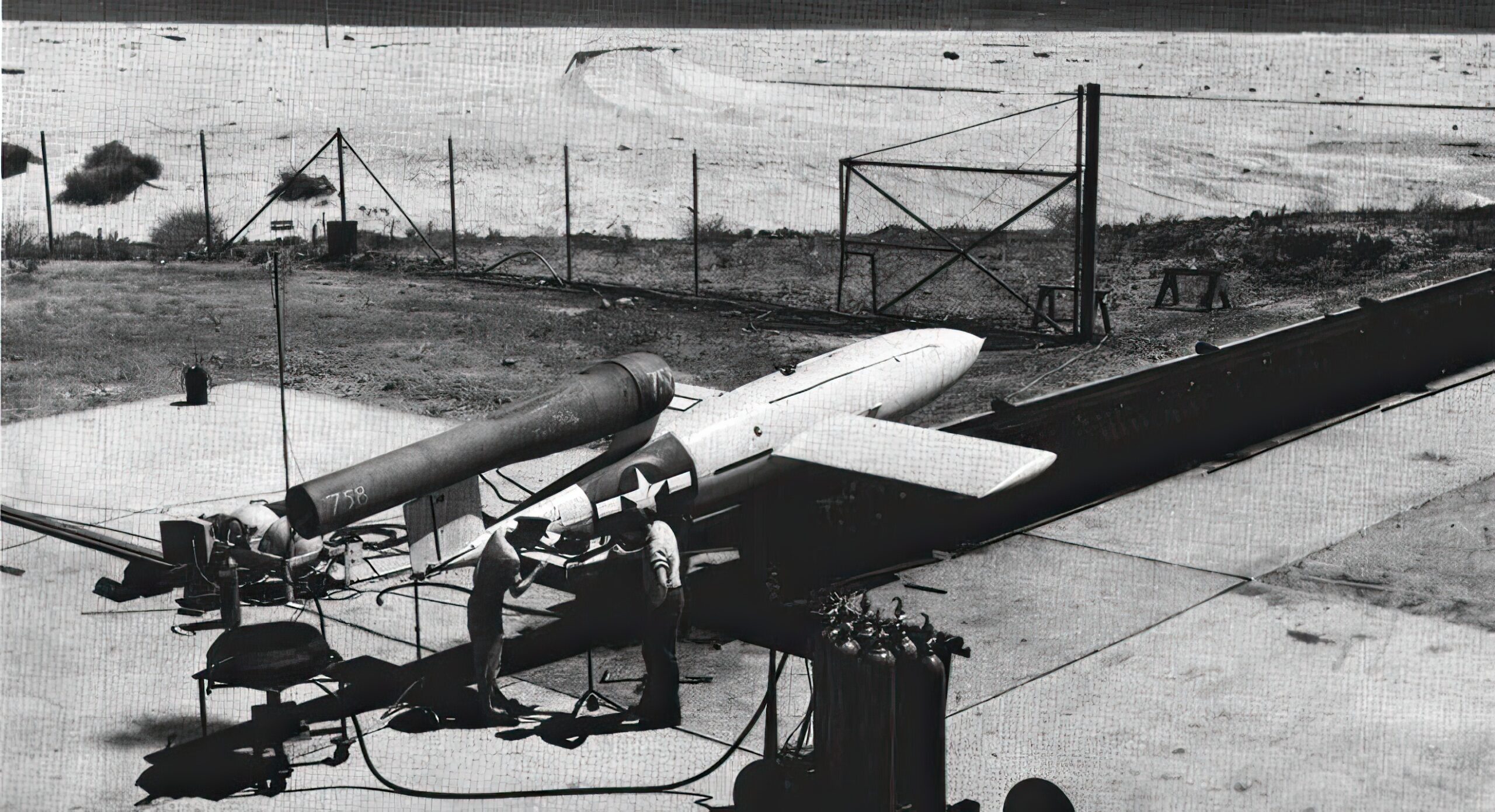 A Republic-Ford JB-2 Loon cruise missile is prepared for launch from the U.S. Navy Pacific Missile Test Center Point Mugu in 1948.