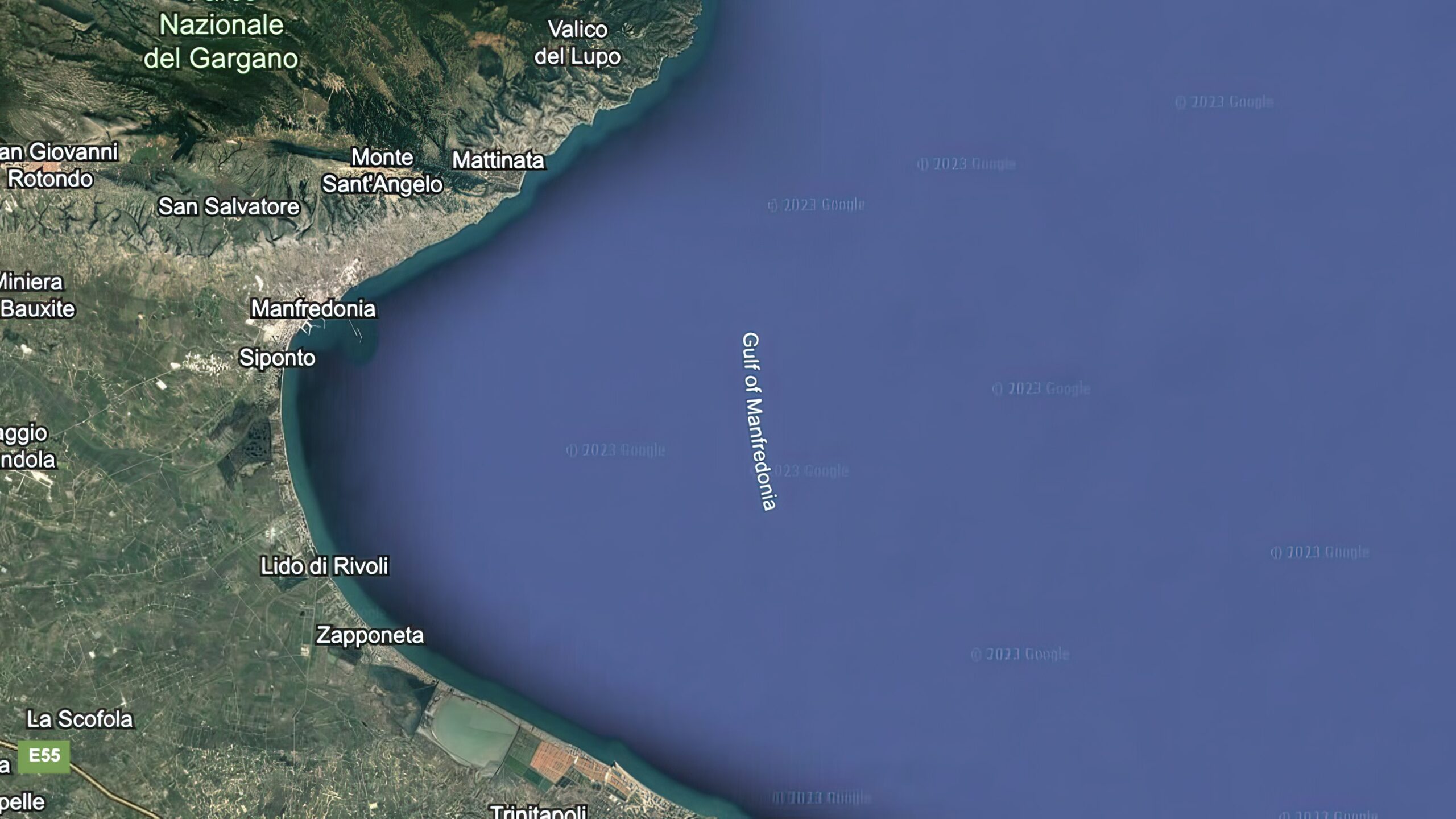 Gulf of Manfredonia, where Warren Singer’s Lockheed P-38 Lightning was found. (Photo Credit: Google Earth)
